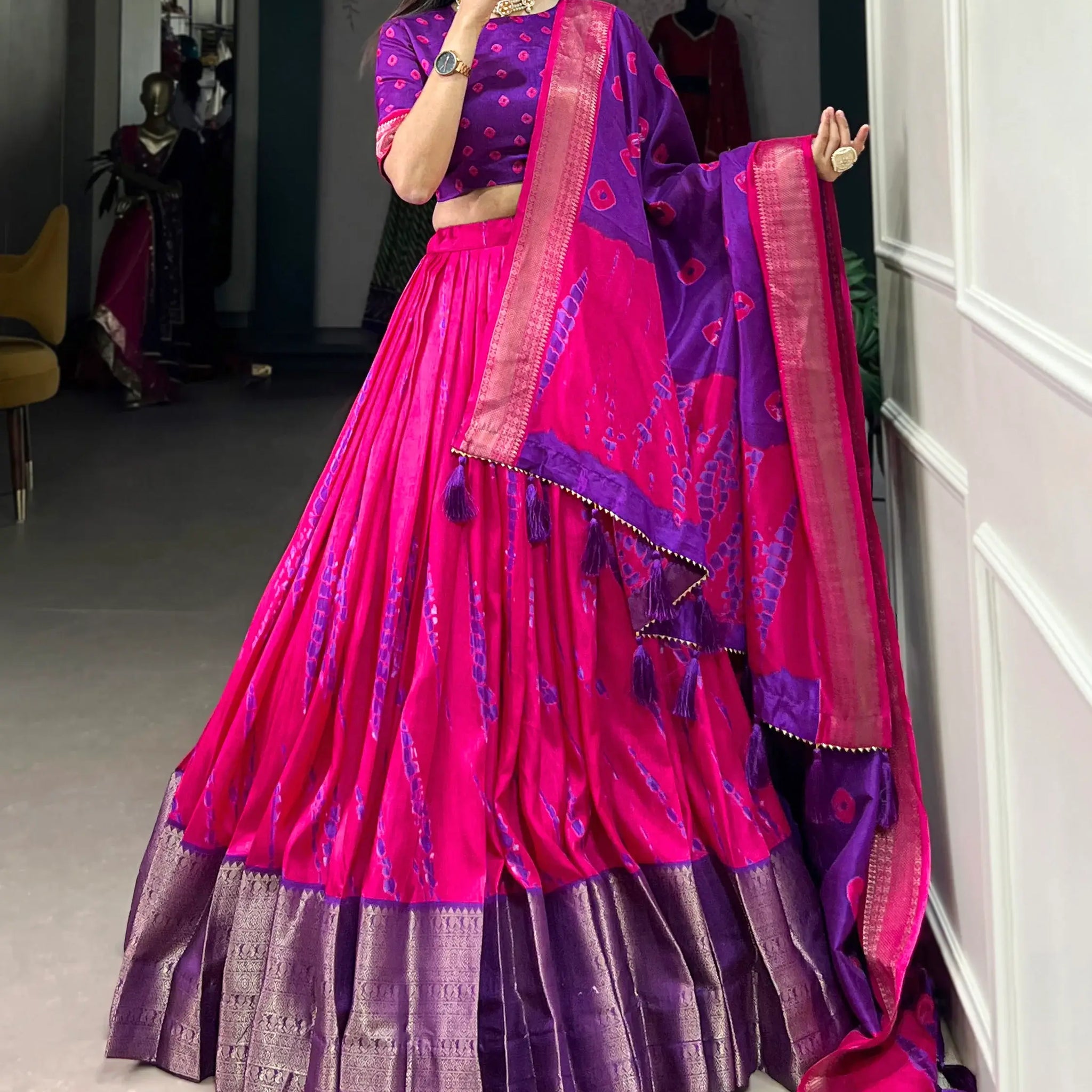 Spectacular Pink Shibori Printed Dola Silk Lehenga Choli With Dupatta - Zeel Clothing