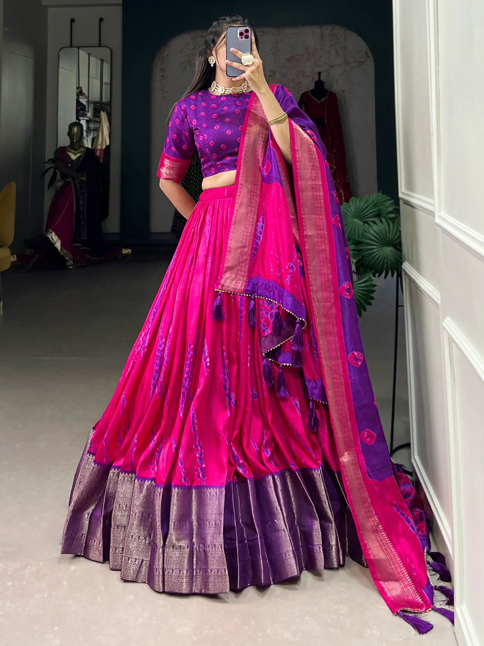 Spectacular Pink Shibori Printed Dola Silk Lehenga Choli With Dupatta - Zeel Clothing