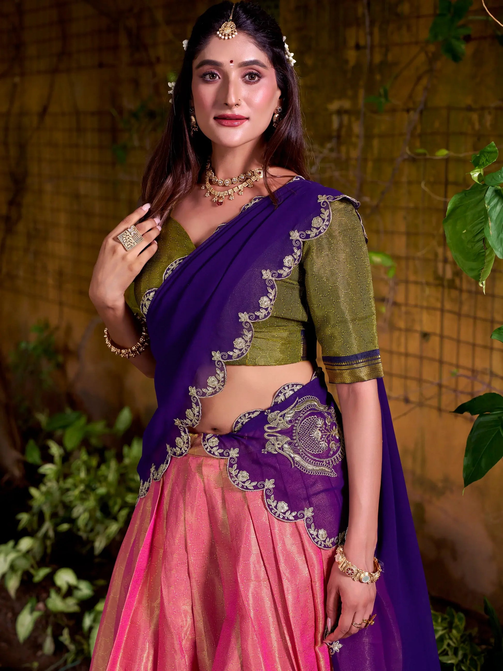 Spectacular Pink Zari Weaving Kanchipuram Silk Festive Special Half Saree Lehenga - Zeel Clothing