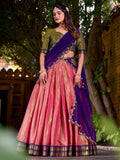 Spectacular Pink Zari Weaving Kanchipuram Silk Festive Special Half Saree Lehenga - Zeel Clothing