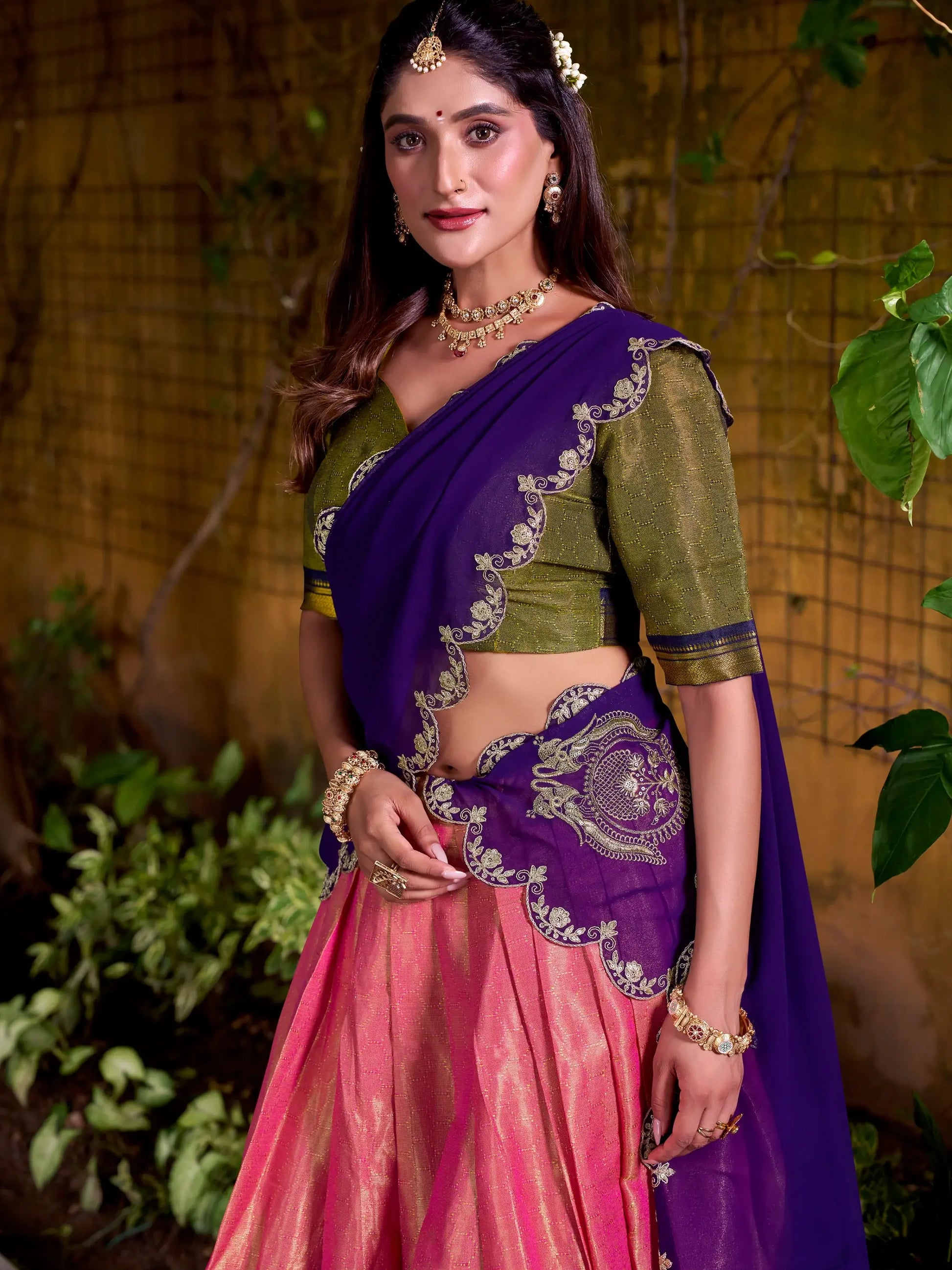 Spectacular Pink Zari Weaving Kanchipuram Silk Festive Special Half Saree Lehenga - Zeel Clothing