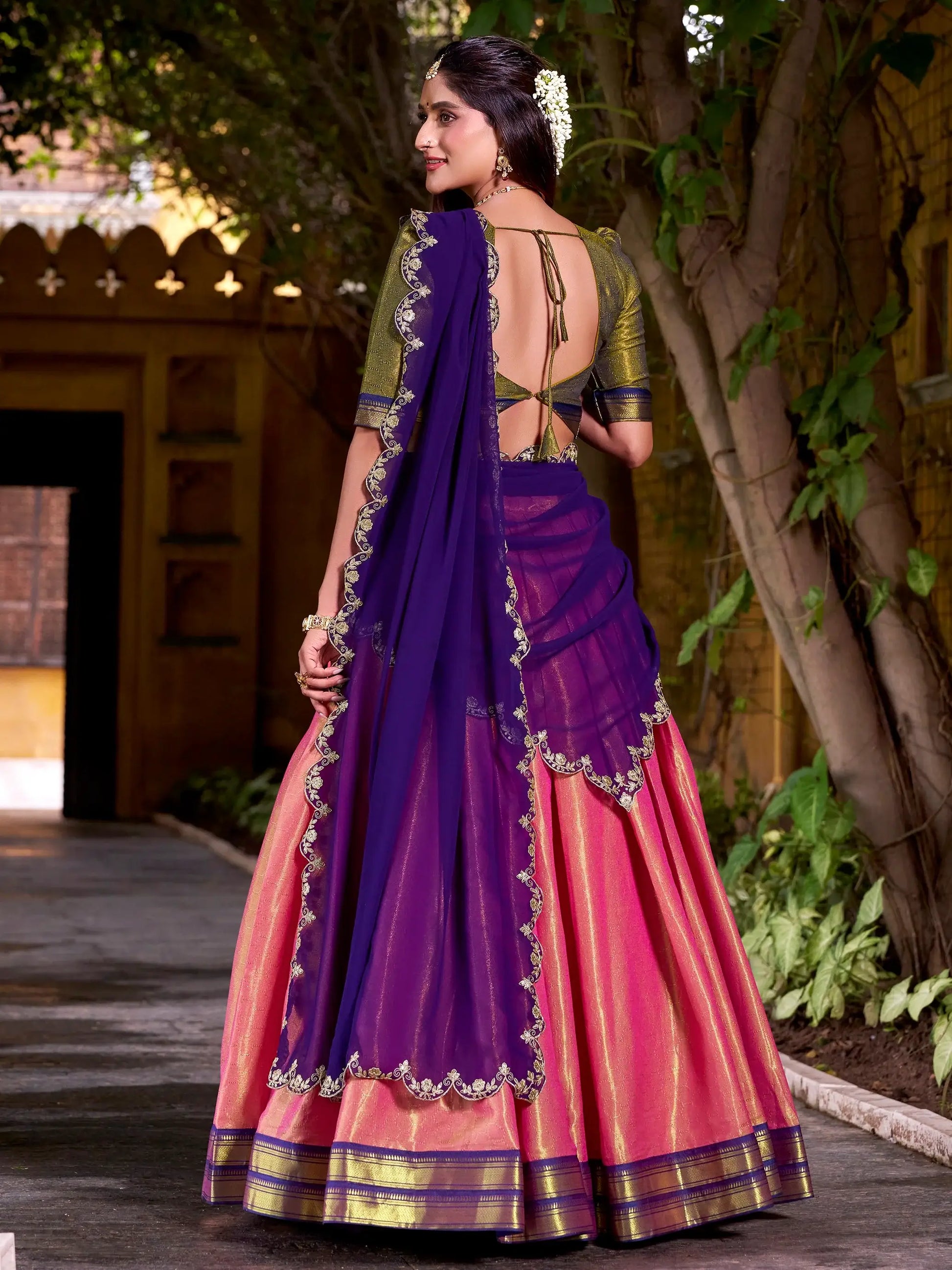 Spectacular Pink Zari Weaving Kanchipuram Silk Festive Special Half Saree Lehenga - Zeel Clothing