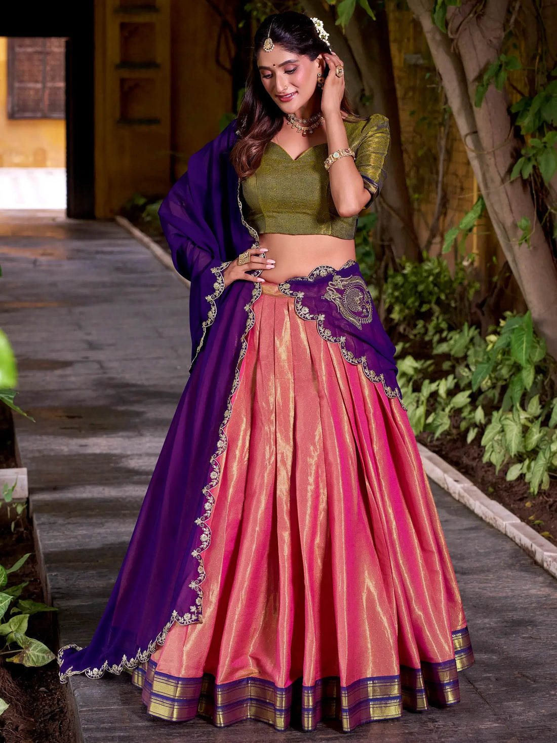 Spectacular Pink Zari Weaving Kanchipuram Silk Festive Special Half Saree Lehenga - Zeel Clothing