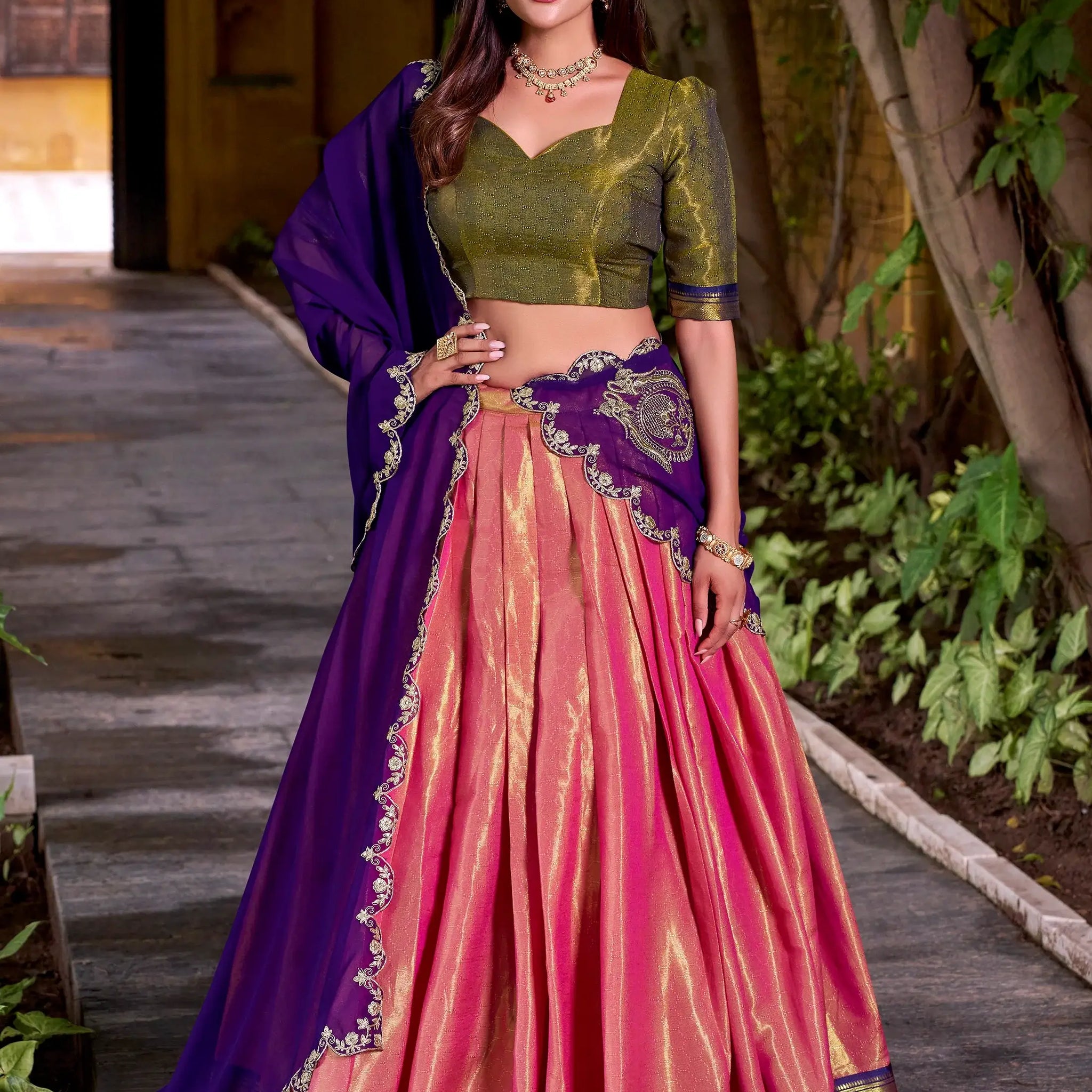 Spectacular Pink Zari Weaving Kanchipuram Silk Festive Special Half Saree Lehenga - Zeel Clothing