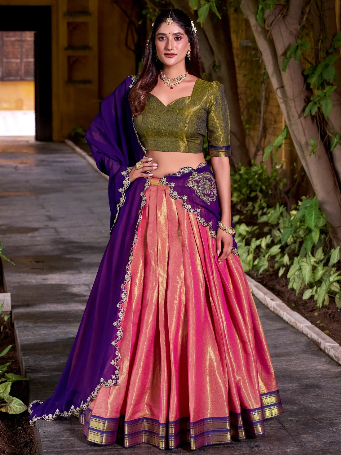Spectacular Pink Zari Weaving Kanchipuram Silk Festive Special Half Saree Lehenga - Zeel Clothing