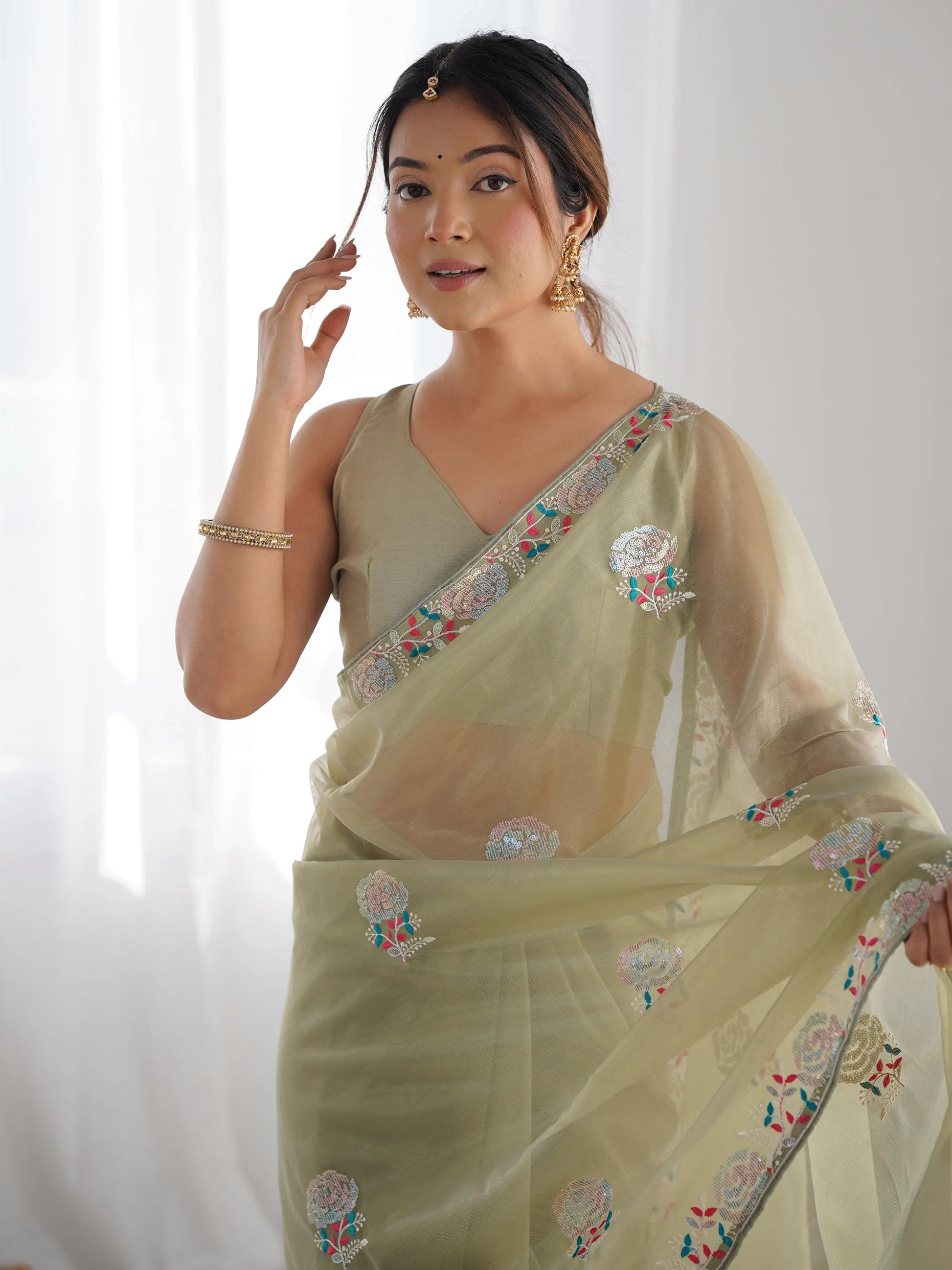 Spectacular Pista Green Sequins Net Festival Wear Saree With Blouse - Zeel Clothing