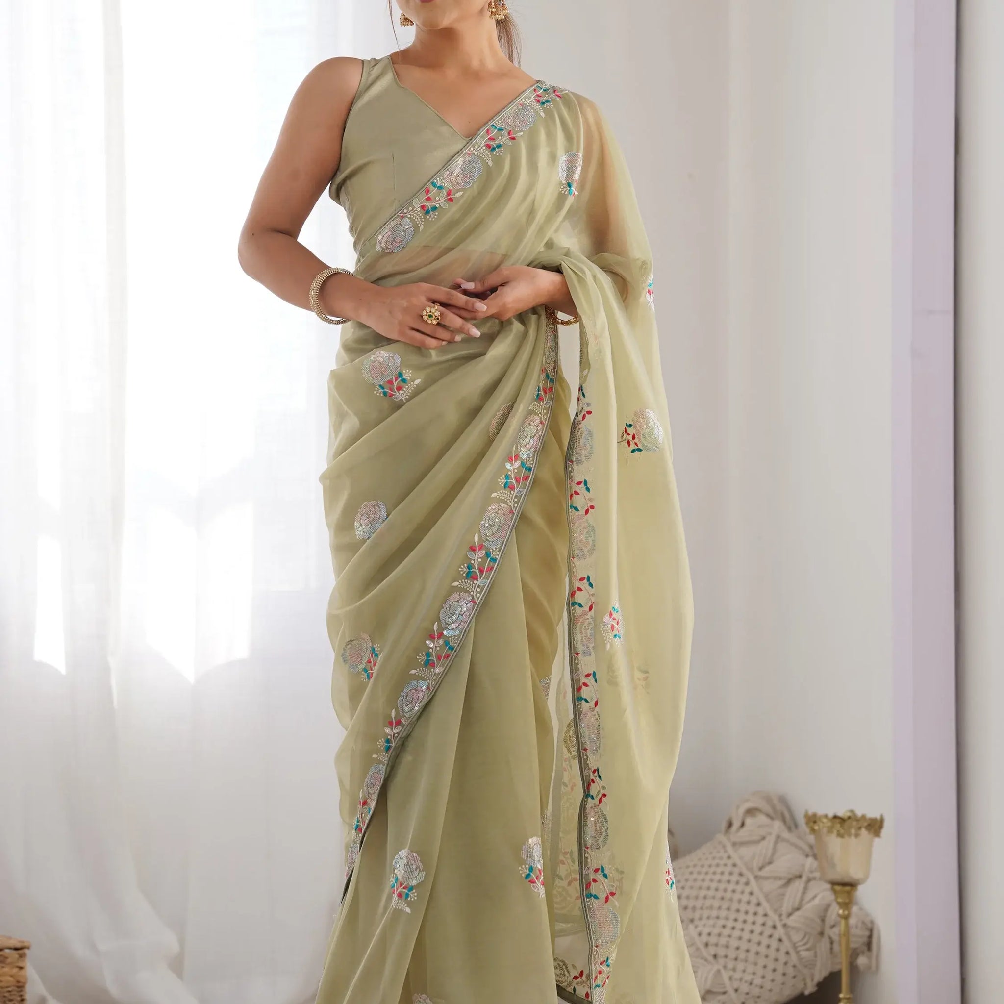 Spectacular Pista Green Sequins Net Festival Wear Saree With Blouse - Zeel Clothing
