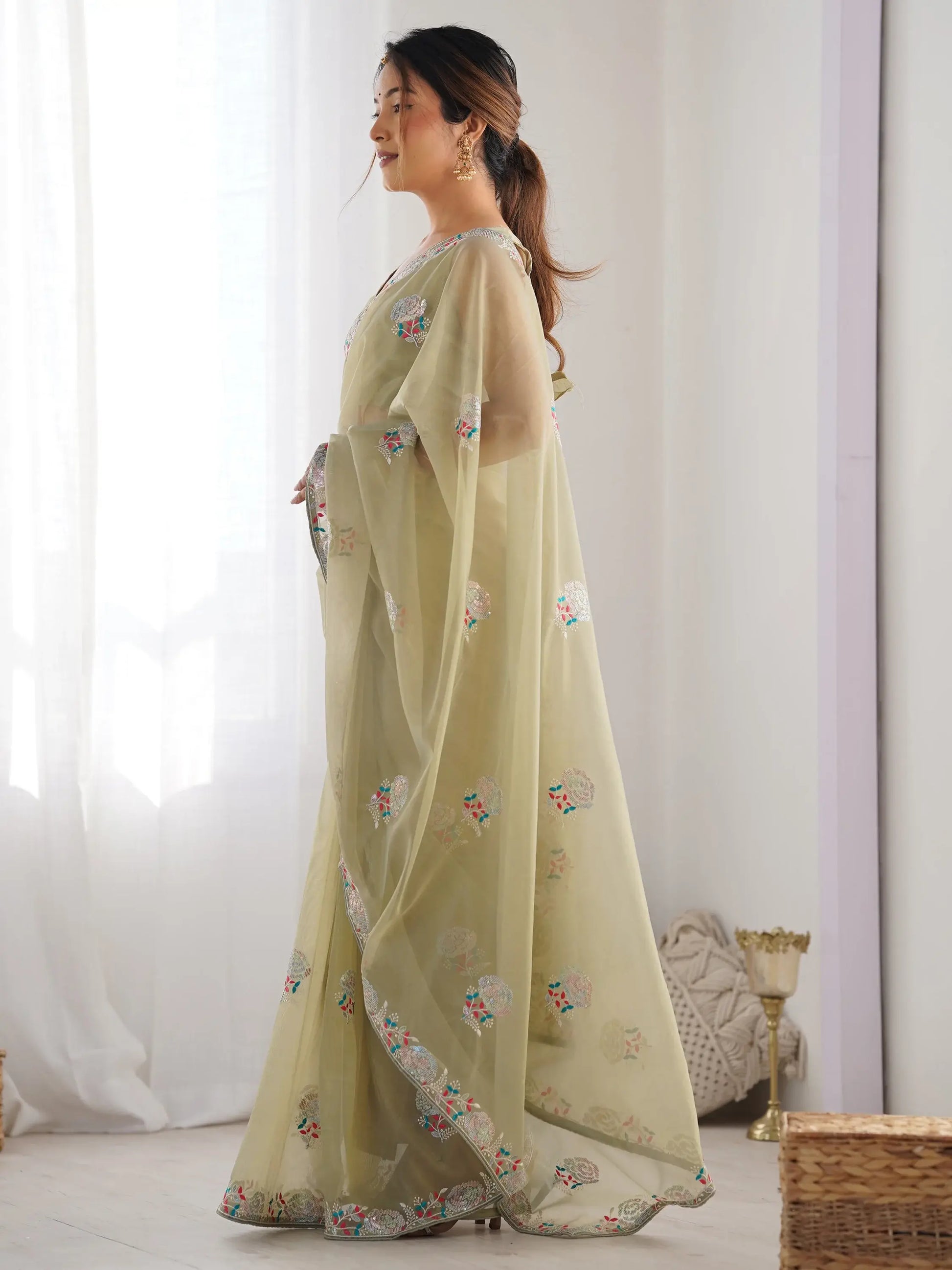 Spectacular Pista Green Sequins Net Festival Wear Saree With Blouse - Zeel Clothing