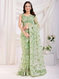 Spectacular Pista Green Thread Embroidery Net Festive Wear Saree - Zeel Clothing