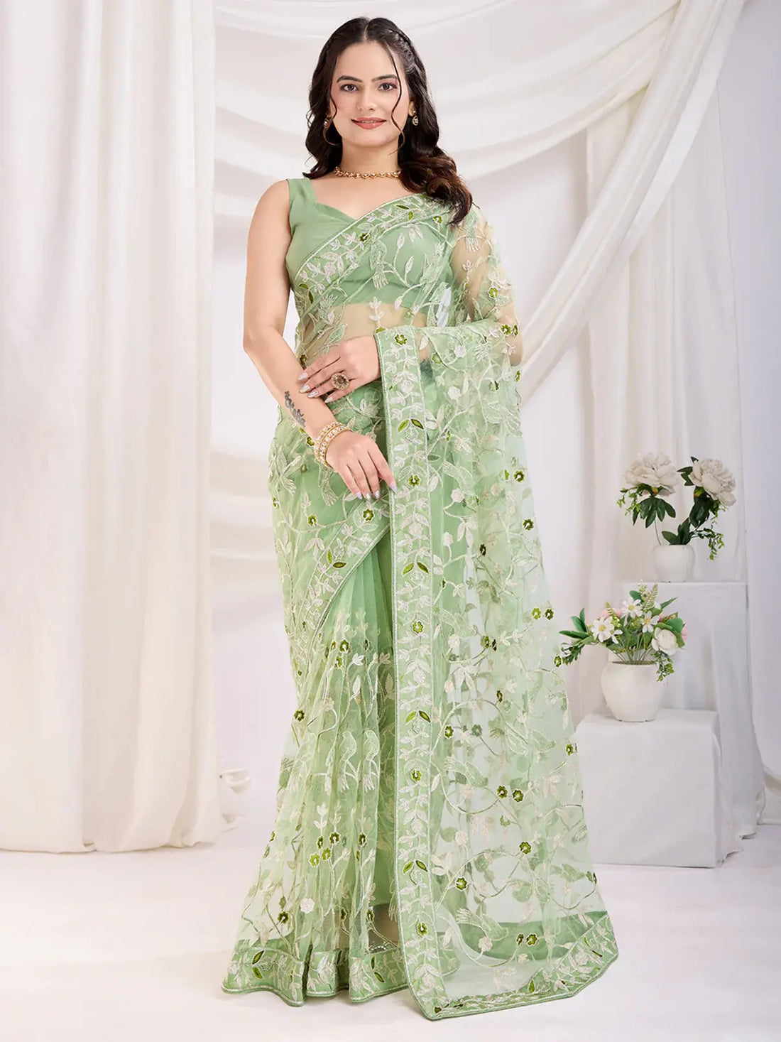 Spectacular Pista Green Thread Embroidery Net Festive Wear Saree - Zeel Clothing