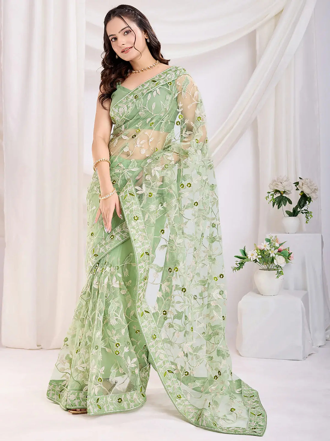 Spectacular Pista Green Thread Embroidery Net Festive Wear Saree - Zeel Clothing
