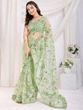 Spectacular Pista Green Thread Embroidery Net Festive Wear Saree - Zeel Clothing