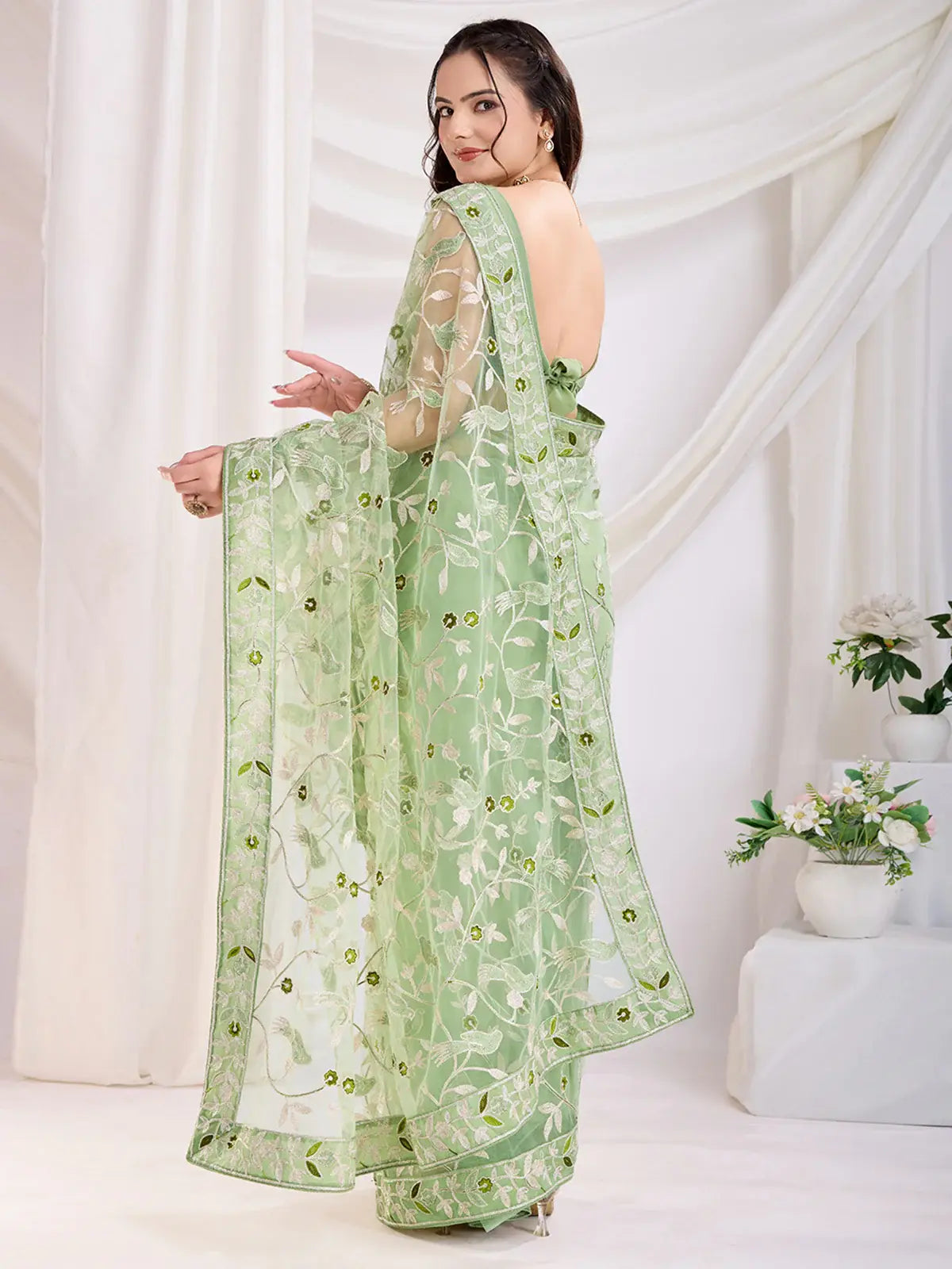 Spectacular Pista Green Thread Embroidery Net Festive Wear Saree - Zeel Clothing