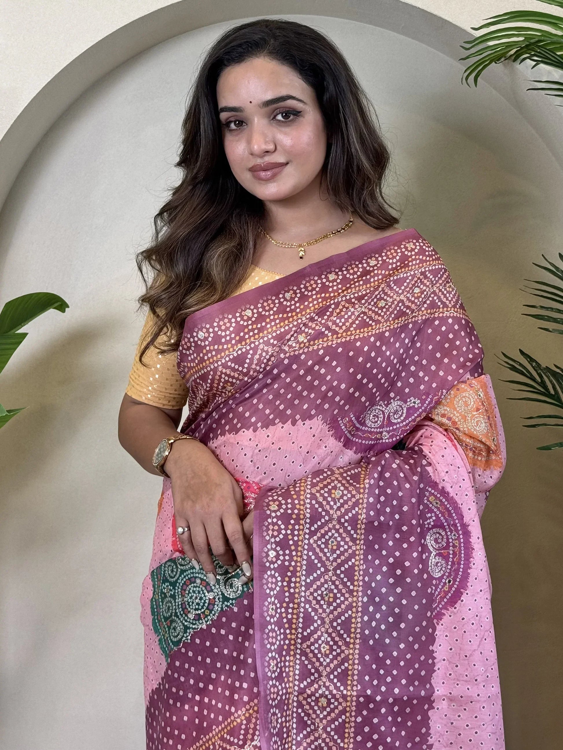Spectacular Purple Bandhni Printed Tissue Silk Festive Wear Saree - Zeel Clothing