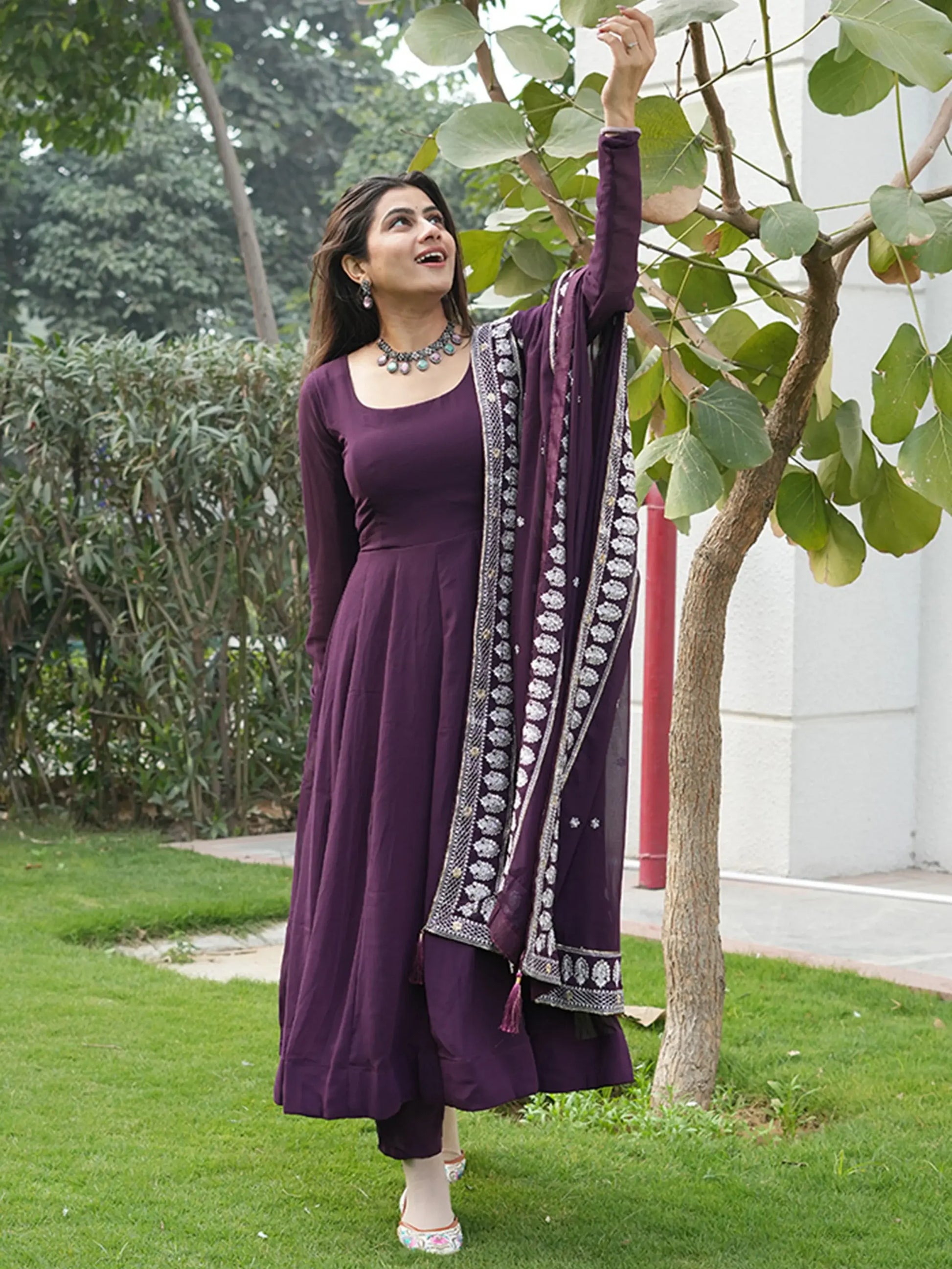 Spectacular Purple Georgette Anarkali Pant Suit With Dupatta - Zeel Clothing