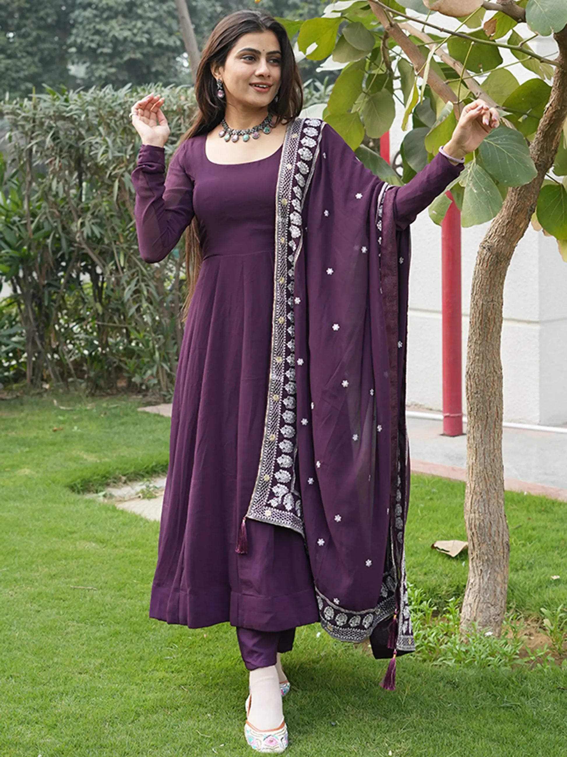 Spectacular Purple Georgette Anarkali Pant Suit With Dupatta - Zeel Clothing