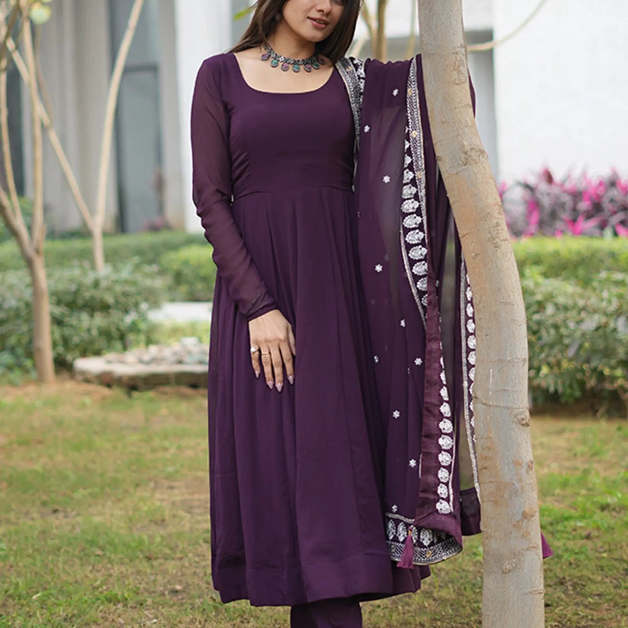 Spectacular Purple Georgette Anarkali Pant Suit With Dupatta - Zeel Clothing