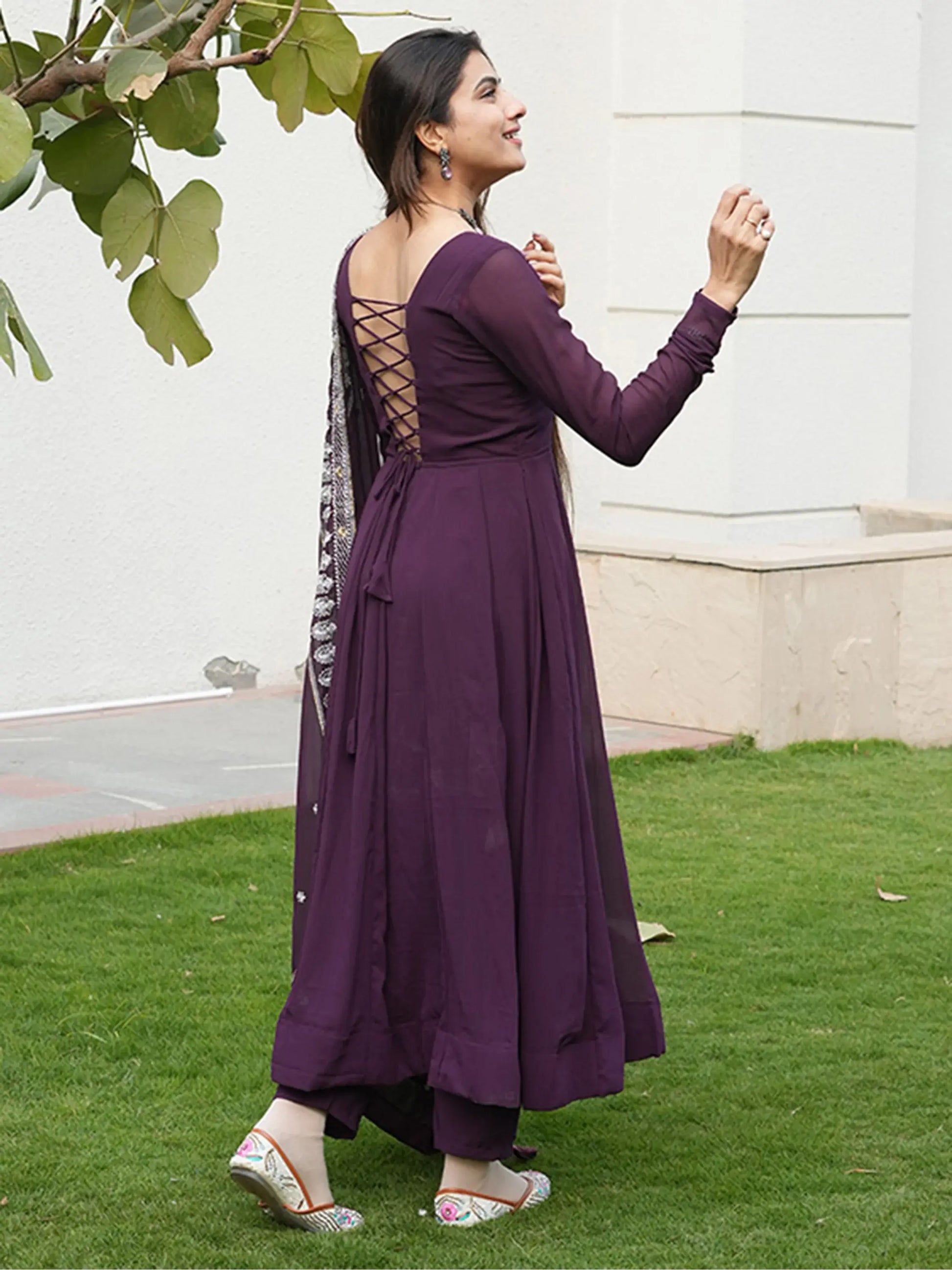 Spectacular Purple Georgette Anarkali Pant Suit With Dupatta - Zeel Clothing
