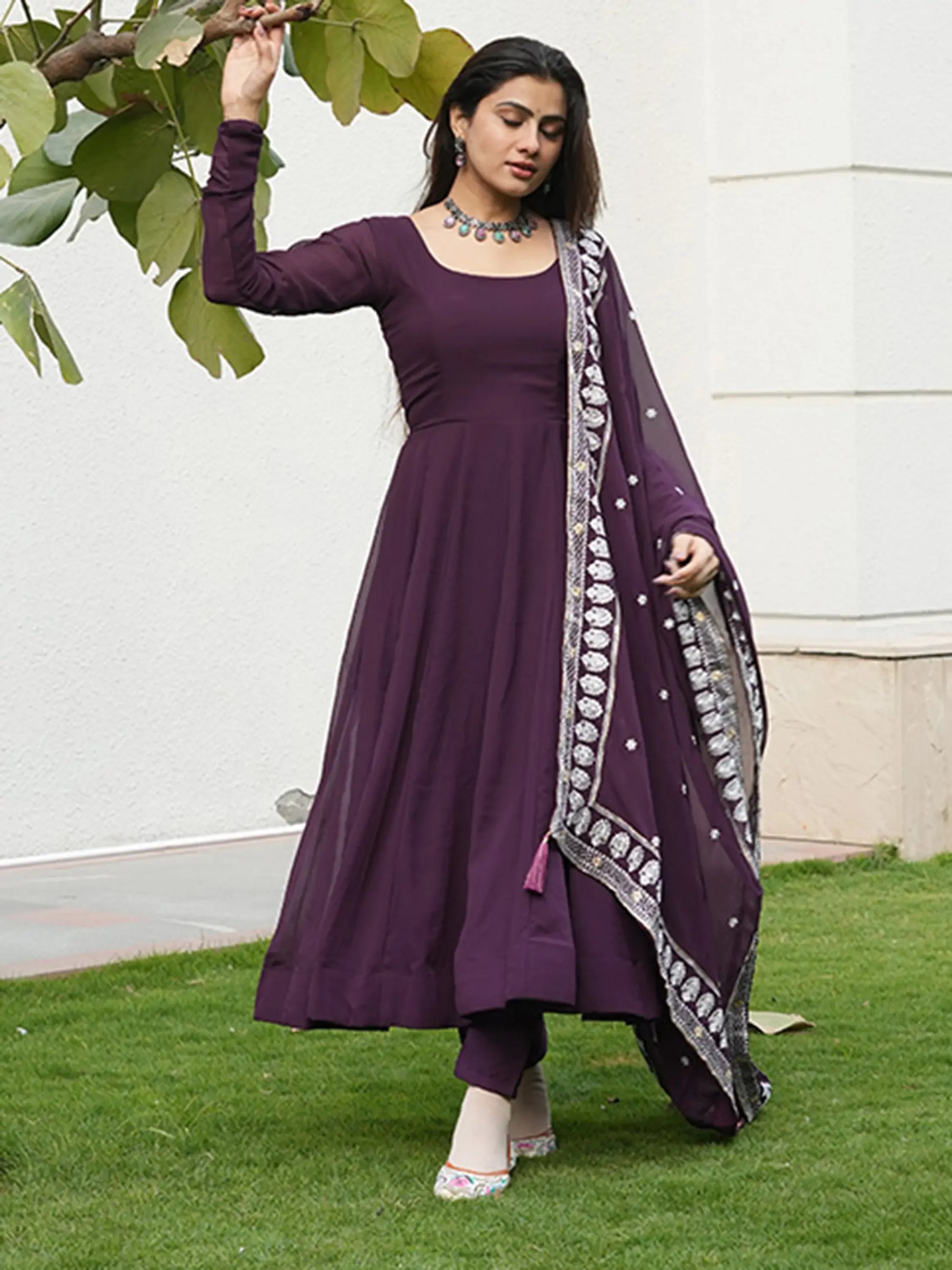 Spectacular Purple Georgette Anarkali Pant Suit With Dupatta - Zeel Clothing