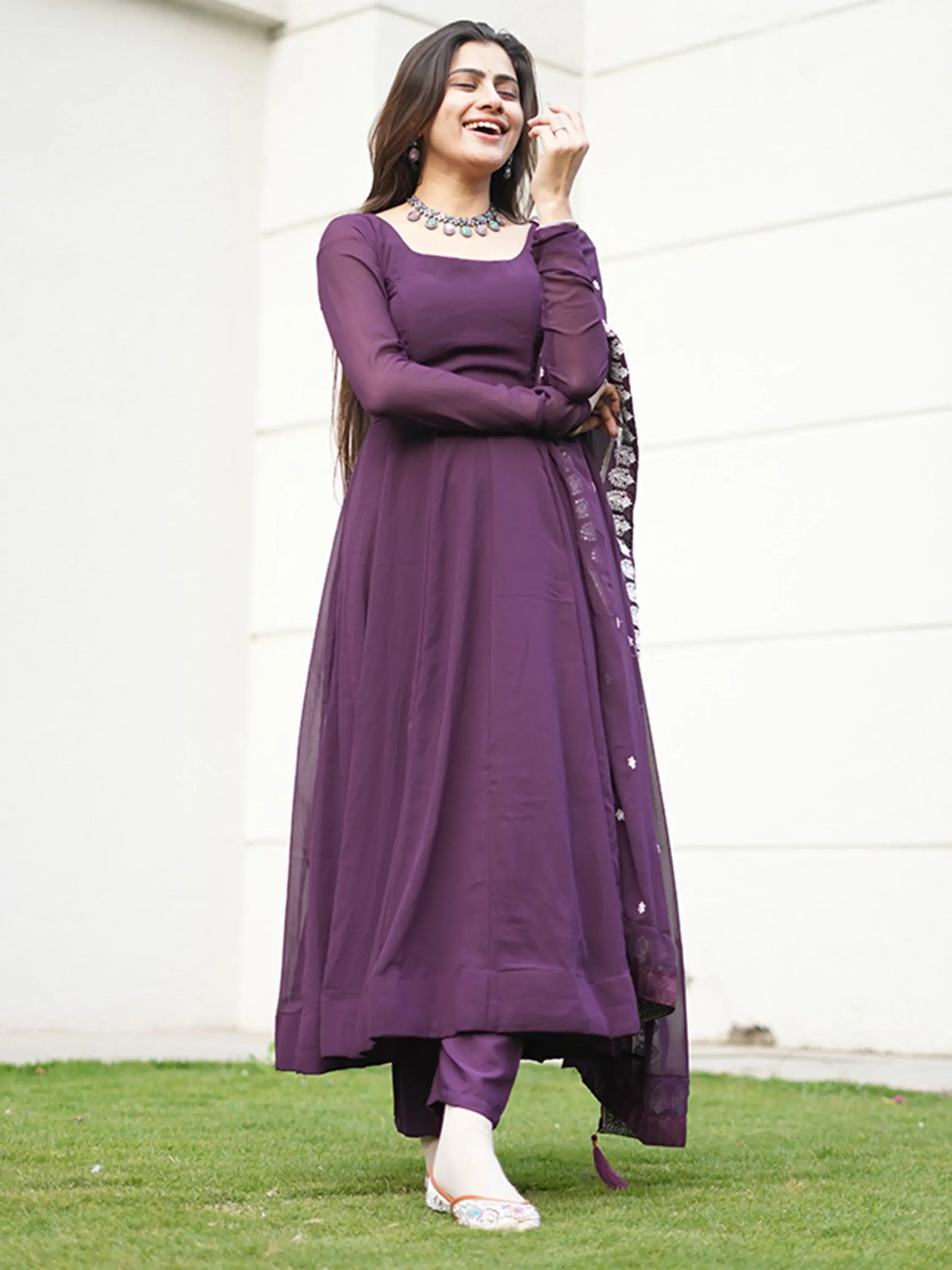 Spectacular Purple Georgette Anarkali Pant Suit With Dupatta - Zeel Clothing