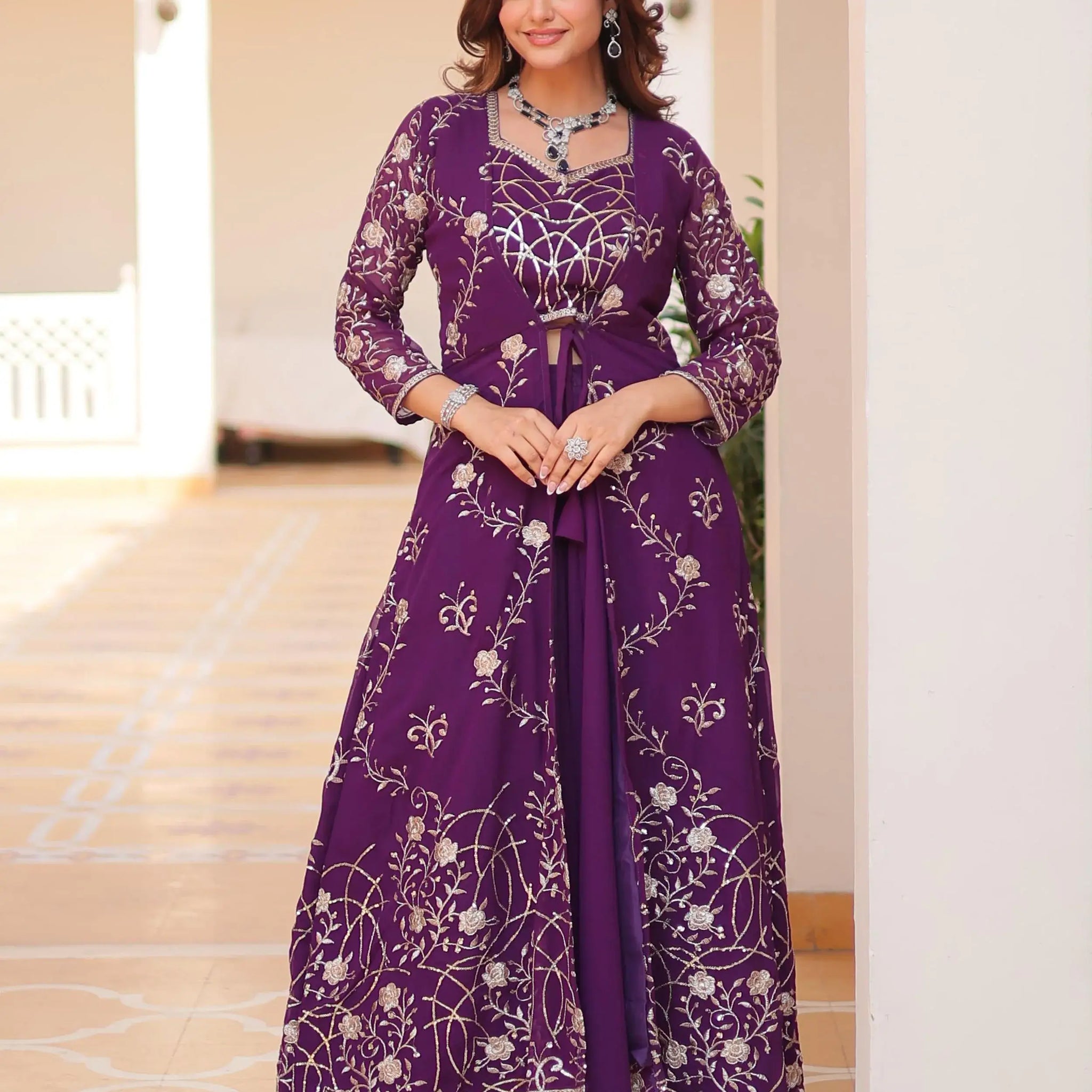 Spectacular Purple Sequins Georgette Wedding Wear Palazzo Suit With Shrug - Zeel Clothing