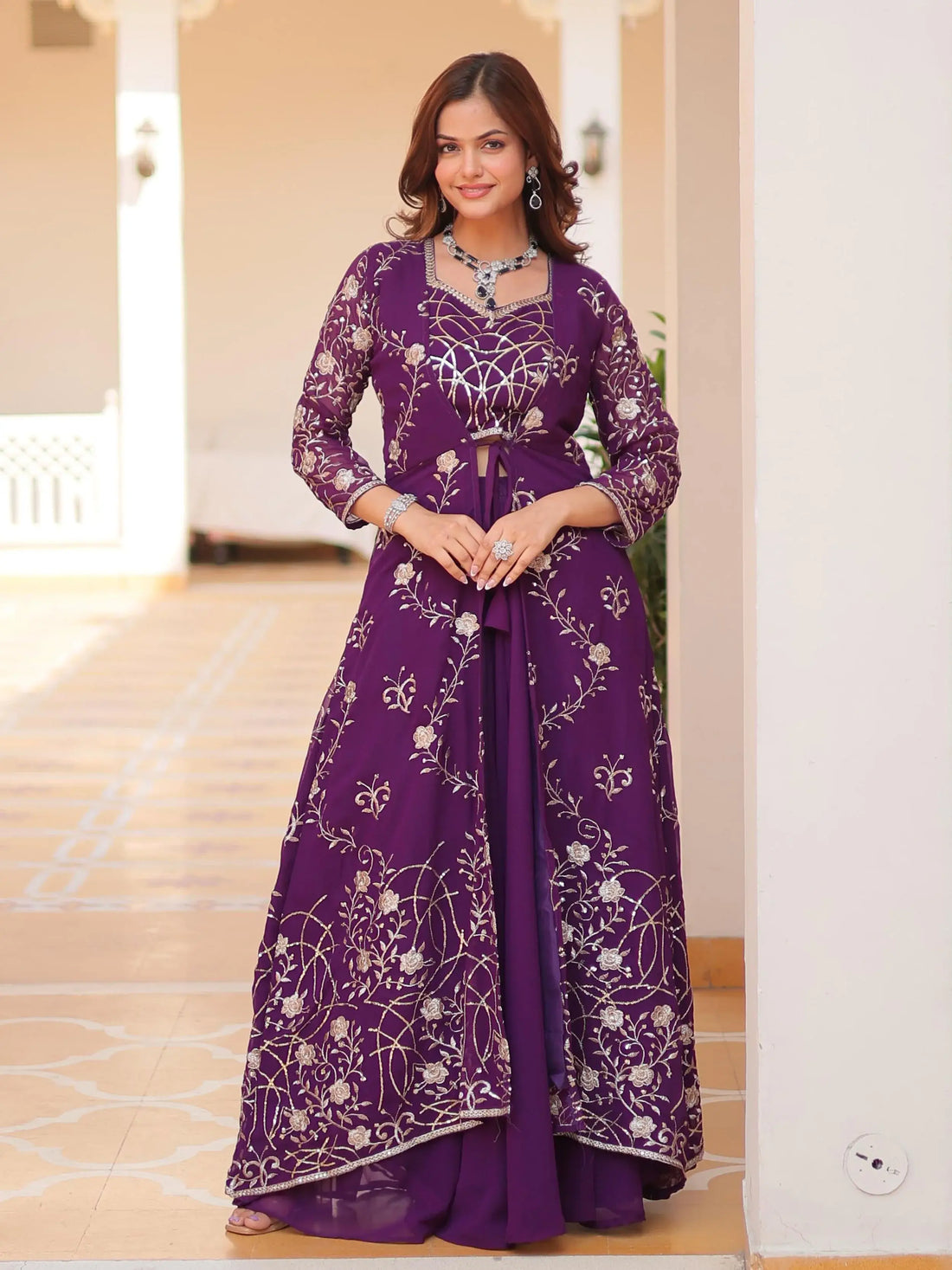 Spectacular Purple Sequins Georgette Wedding Wear Palazzo Suit With Shrug - Zeel Clothing