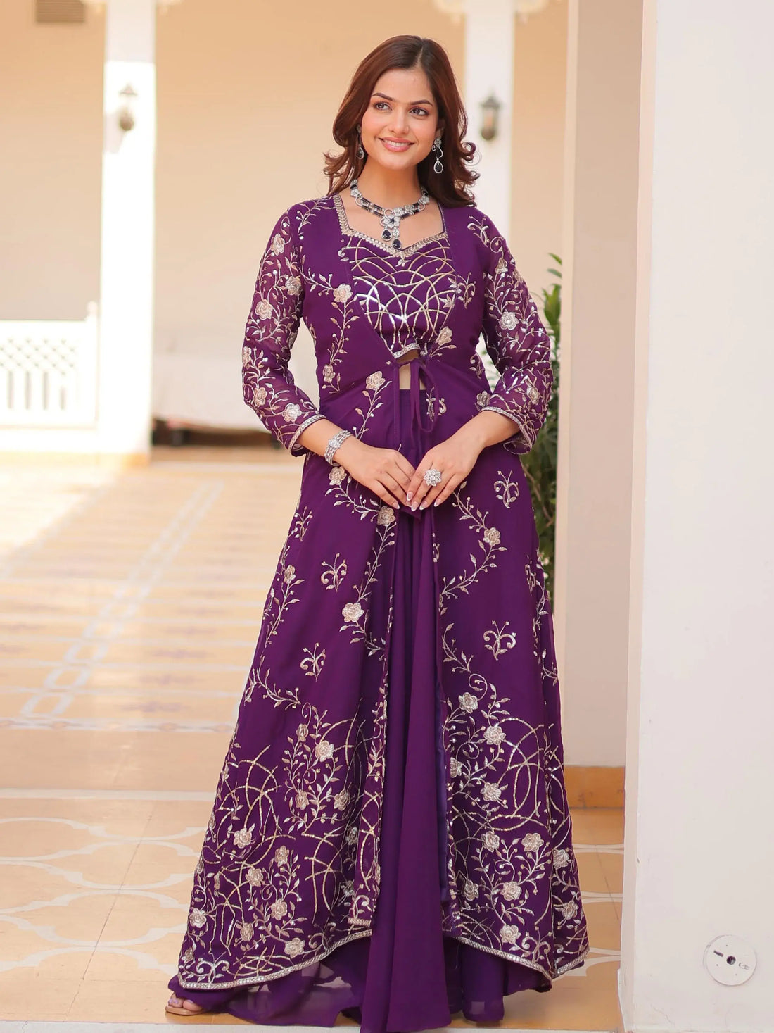 Spectacular Purple Sequins Georgette Wedding Wear Palazzo Suit With Shrug - Zeel Clothing