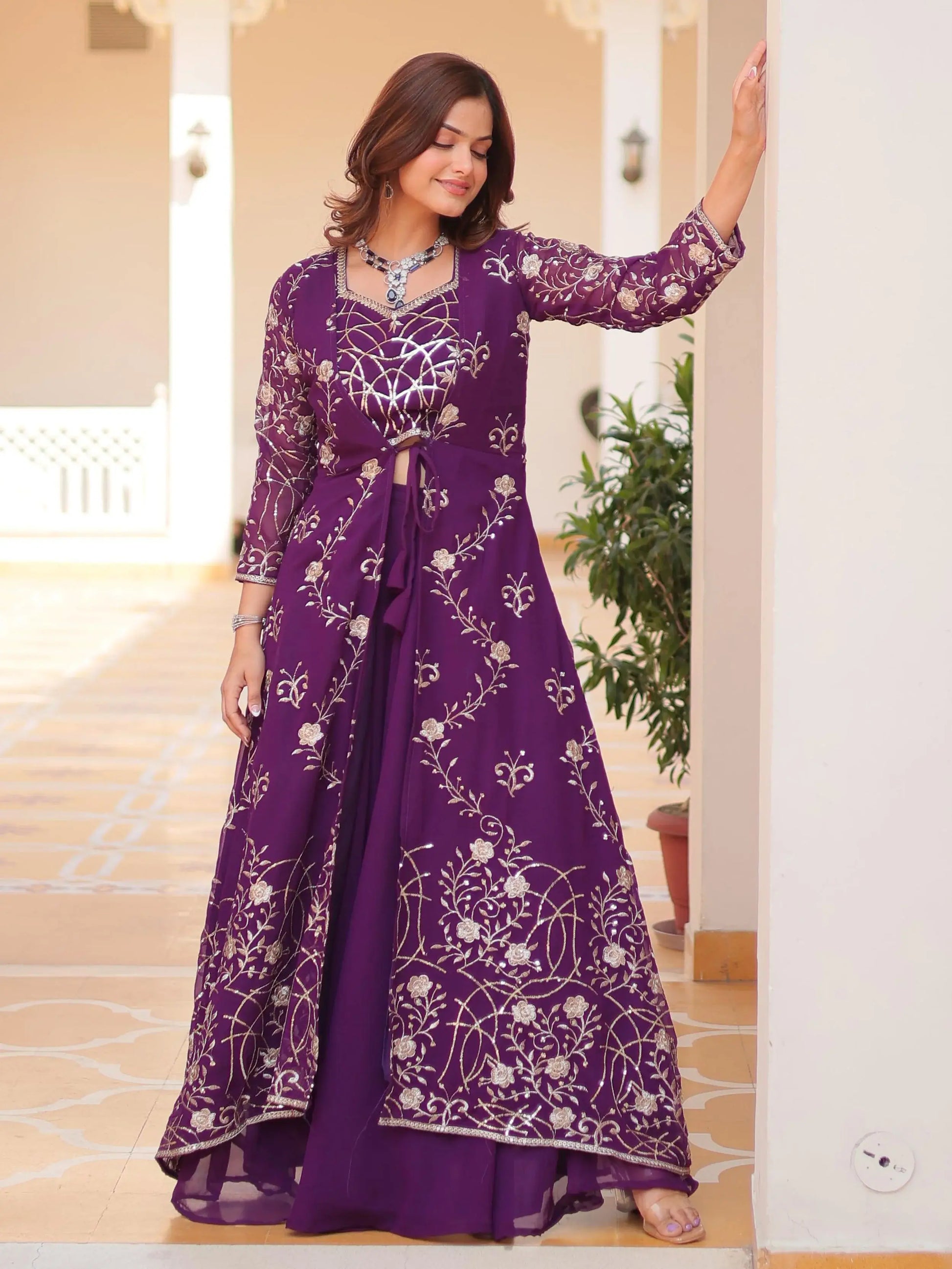 Spectacular Purple Sequins Georgette Wedding Wear Palazzo Suit With Shrug - Zeel Clothing