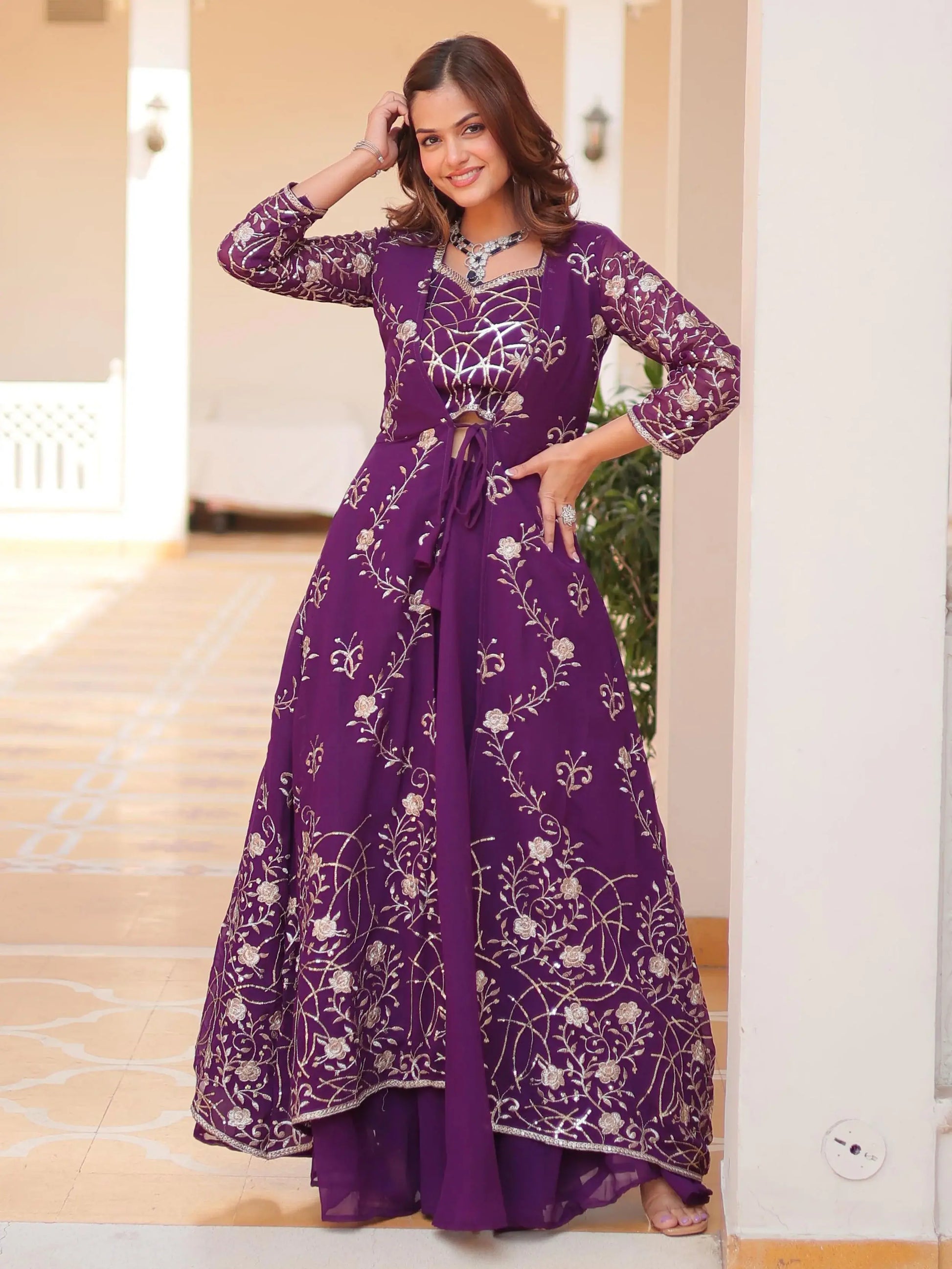 Spectacular Purple Sequins Georgette Wedding Wear Palazzo Suit With Shrug - Zeel Clothing