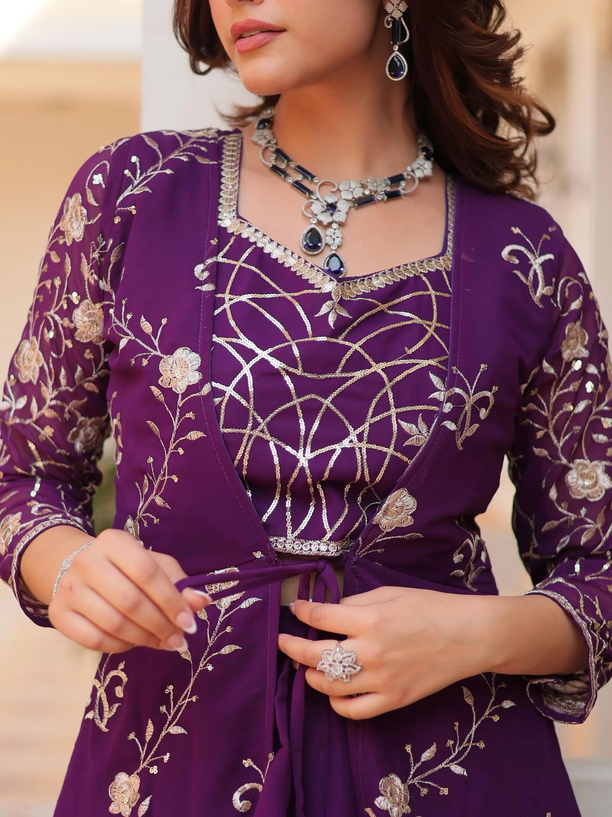 Spectacular Purple Sequins Georgette Wedding Wear Palazzo Suit With Shrug - Zeel Clothing