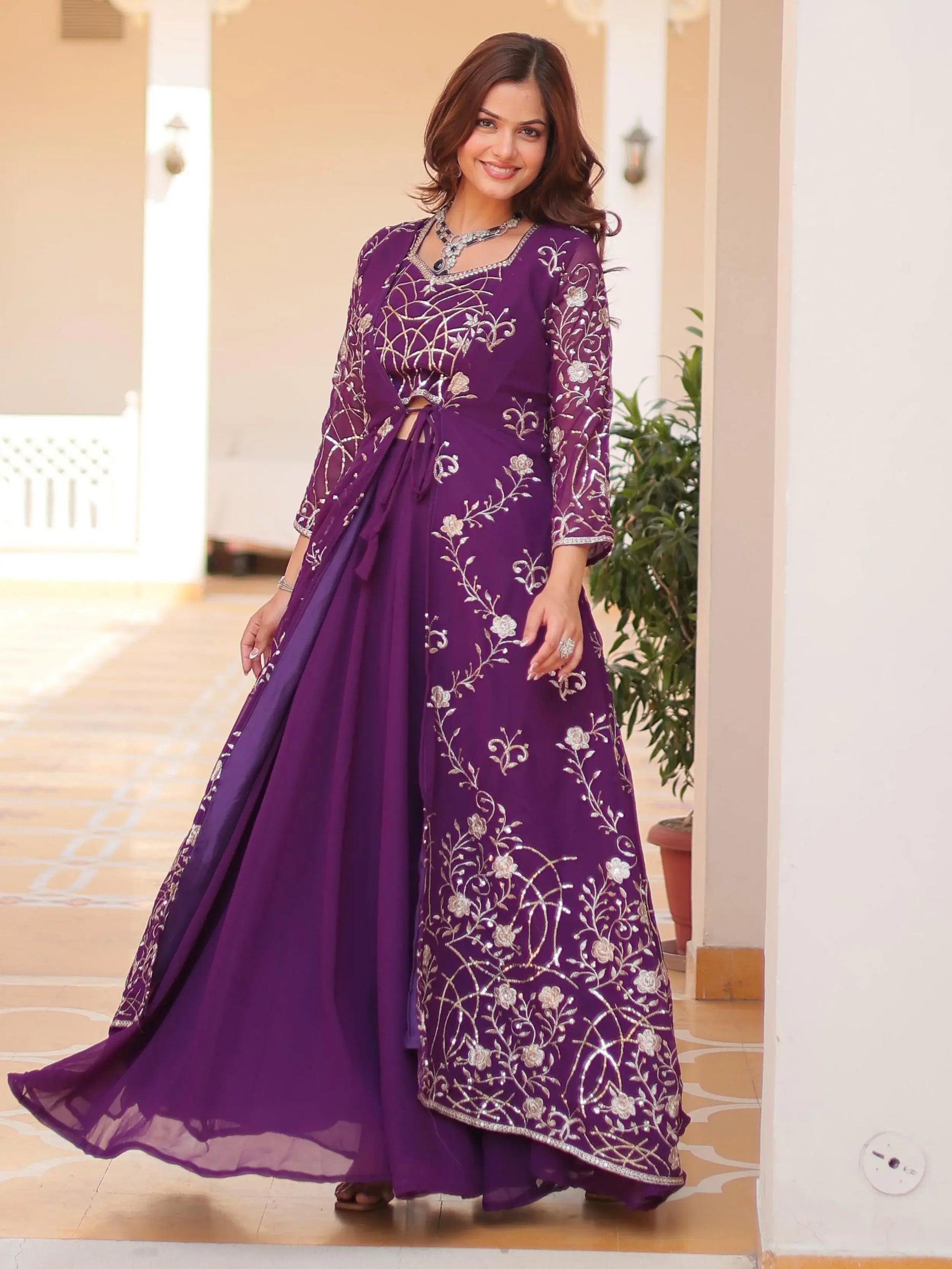Spectacular Purple Sequins Georgette Wedding Wear Palazzo Suit With Shrug - Zeel Clothing