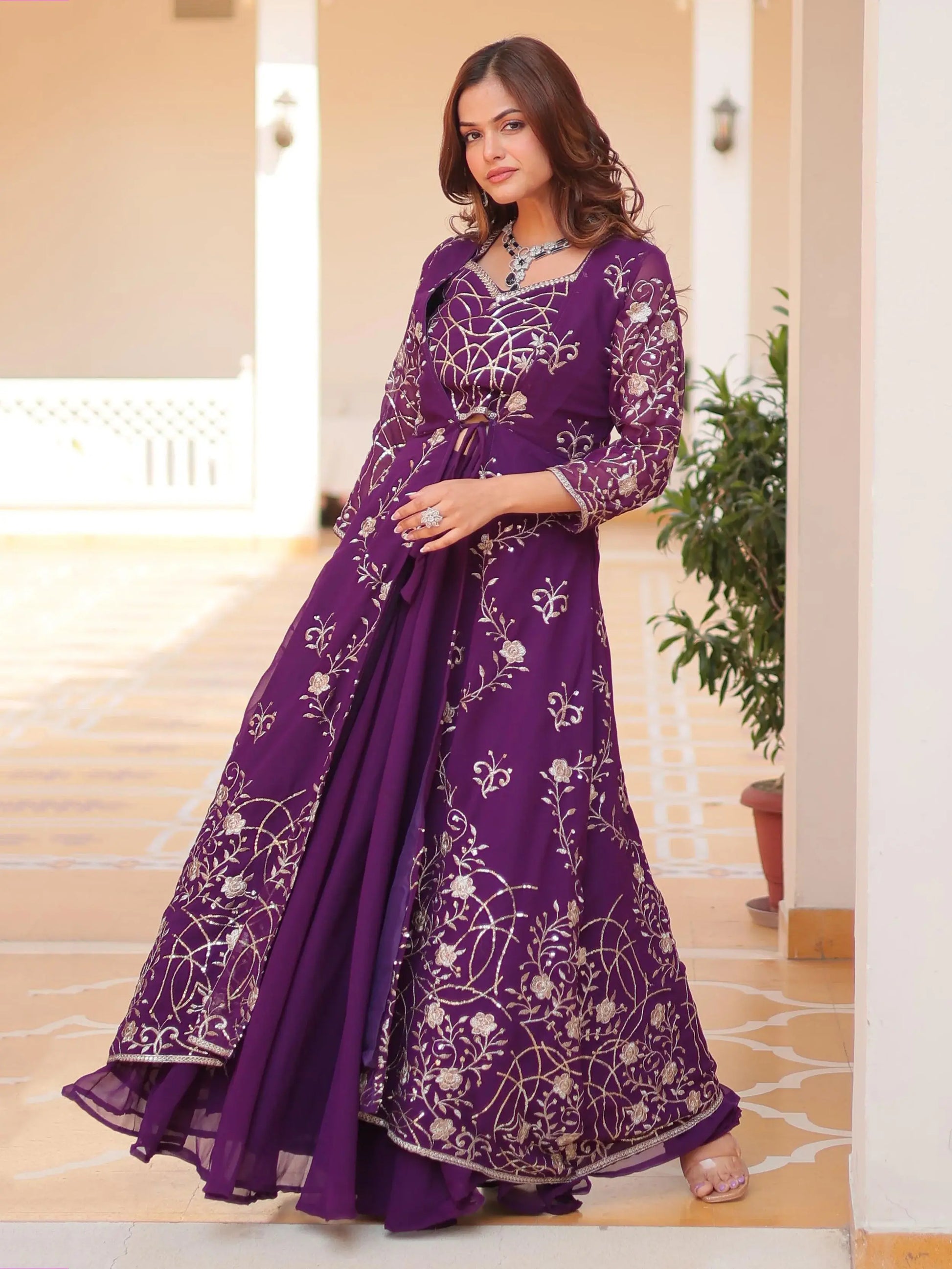 Spectacular Purple Sequins Georgette Wedding Wear Palazzo Suit With Shrug - Zeel Clothing