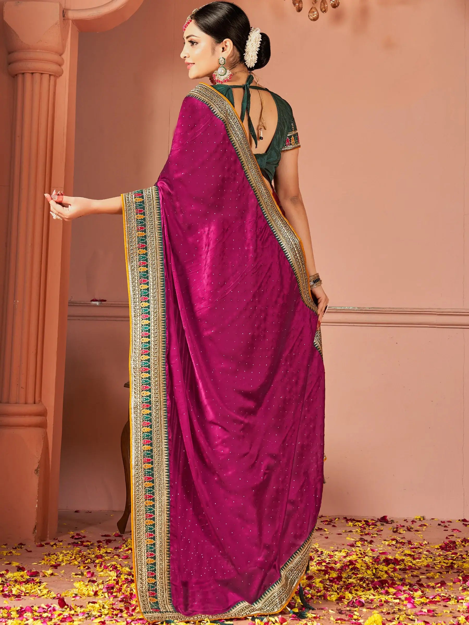 Spectacular Purple Swarovski Work Silk Party Wear Saree With Blouse - Zeel Clothing