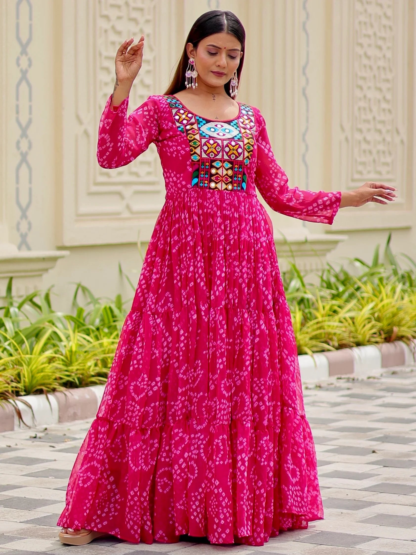 Spectacular Rani Pink Bandhani Printed Georgette Navratri Special Gown - Zeel Clothing