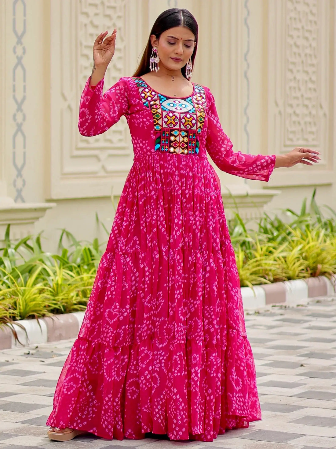 Spectacular Rani Pink Bandhani Printed Georgette Navratri Special Gown - Zeel Clothing