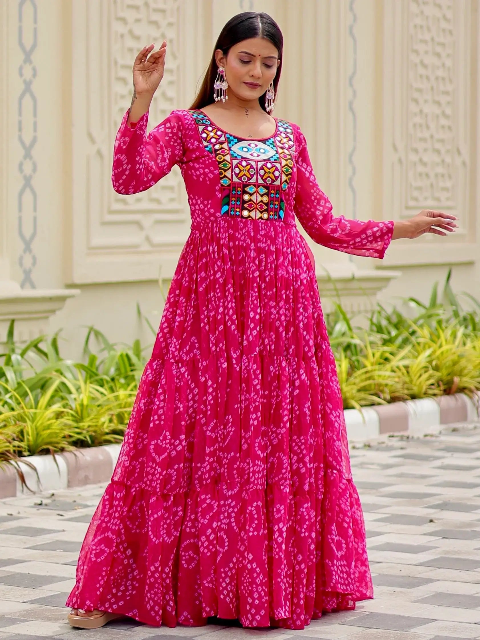 Spectacular Rani Pink Bandhani Printed Georgette Navratri Special Gown - Zeel Clothing