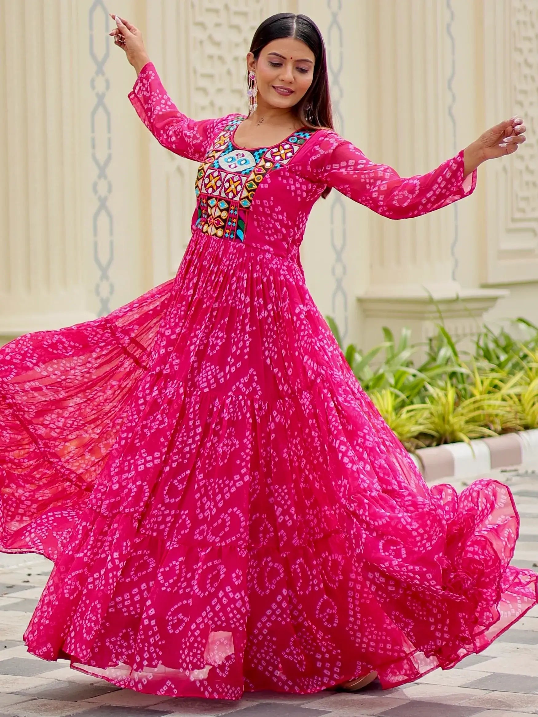 Spectacular Rani Pink Bandhani Printed Georgette Navratri Special Gown - Zeel Clothing