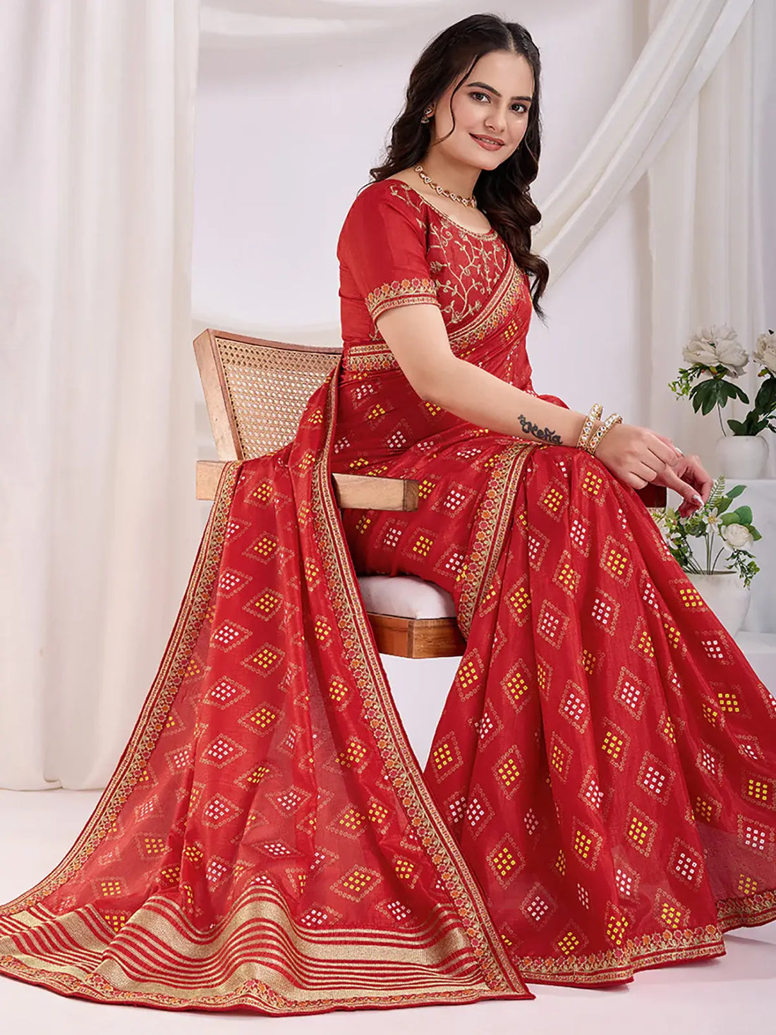 Spectacular Red Bandhej Printed Silk Bridal Wear Saree - Zeel Clothing