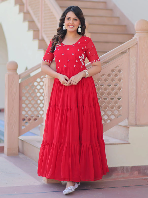 Spectacular Red Bead Embroidery Georgette Festive Wear Gown - Zeel Clothing