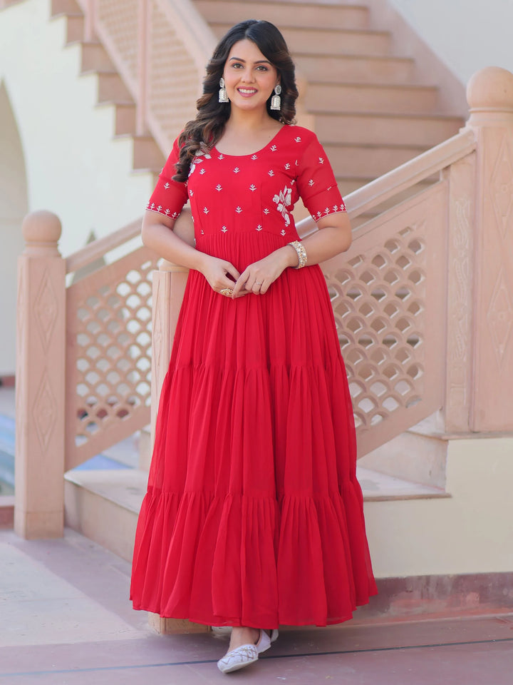 Spectacular Red Bead Embroidery Georgette Festive Wear Gown - Zeel Clothing
