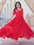Spectacular Red Bead Embroidery Georgette Festive Wear Gown - Zeel Clothing