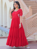 Spectacular Red Bead Embroidery Georgette Festive Wear Gown - Zeel Clothing