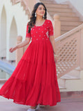 Spectacular Red Bead Embroidery Georgette Festive Wear Gown - Zeel Clothing