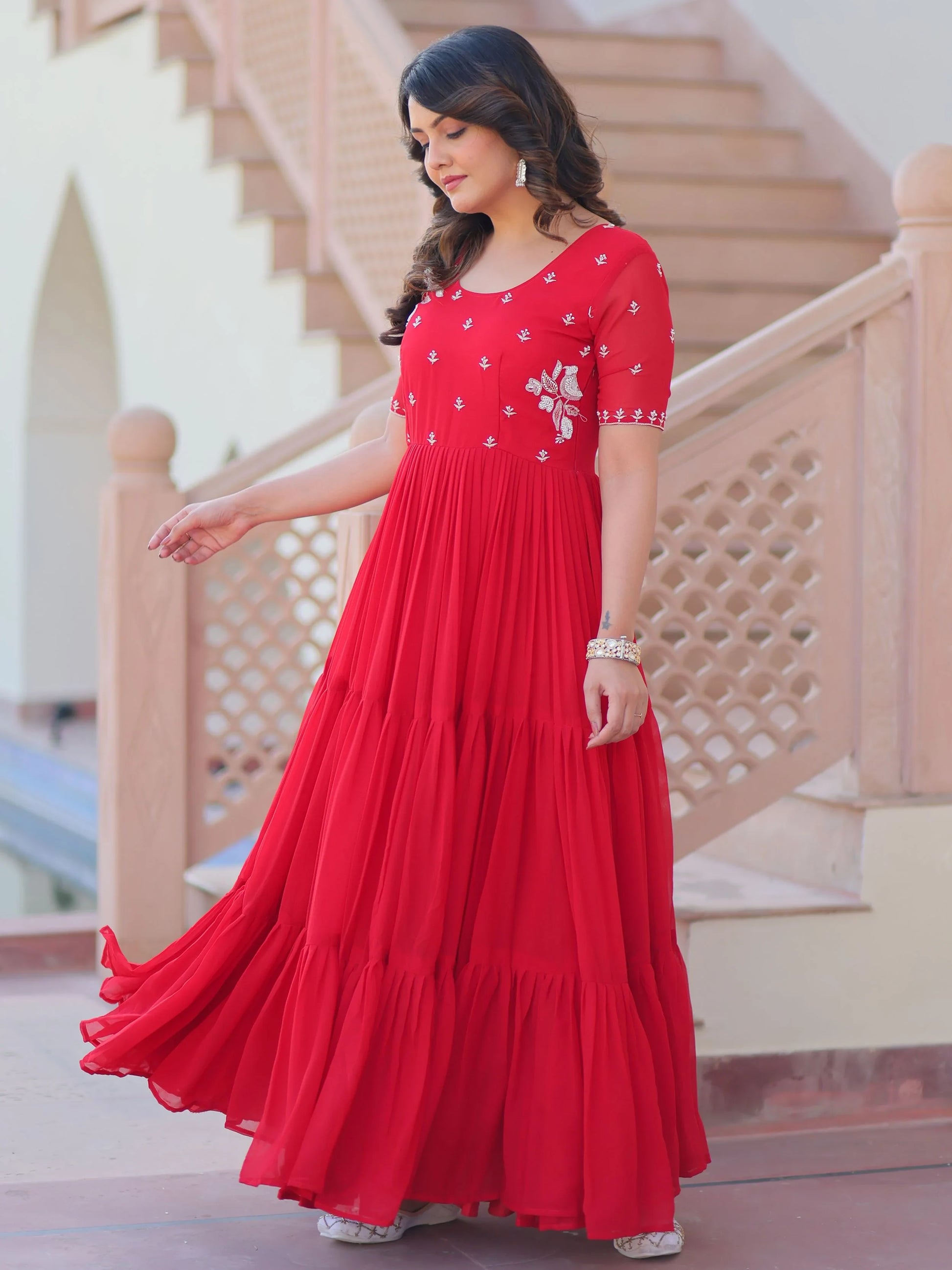 Spectacular Red Bead Embroidery Georgette Festive Wear Gown - Zeel Clothing
