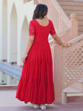 Spectacular Red Bead Embroidery Georgette Festive Wear Gown - Zeel Clothing