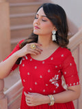 Spectacular Red Bead Embroidery Georgette Festive Wear Gown - Zeel Clothing