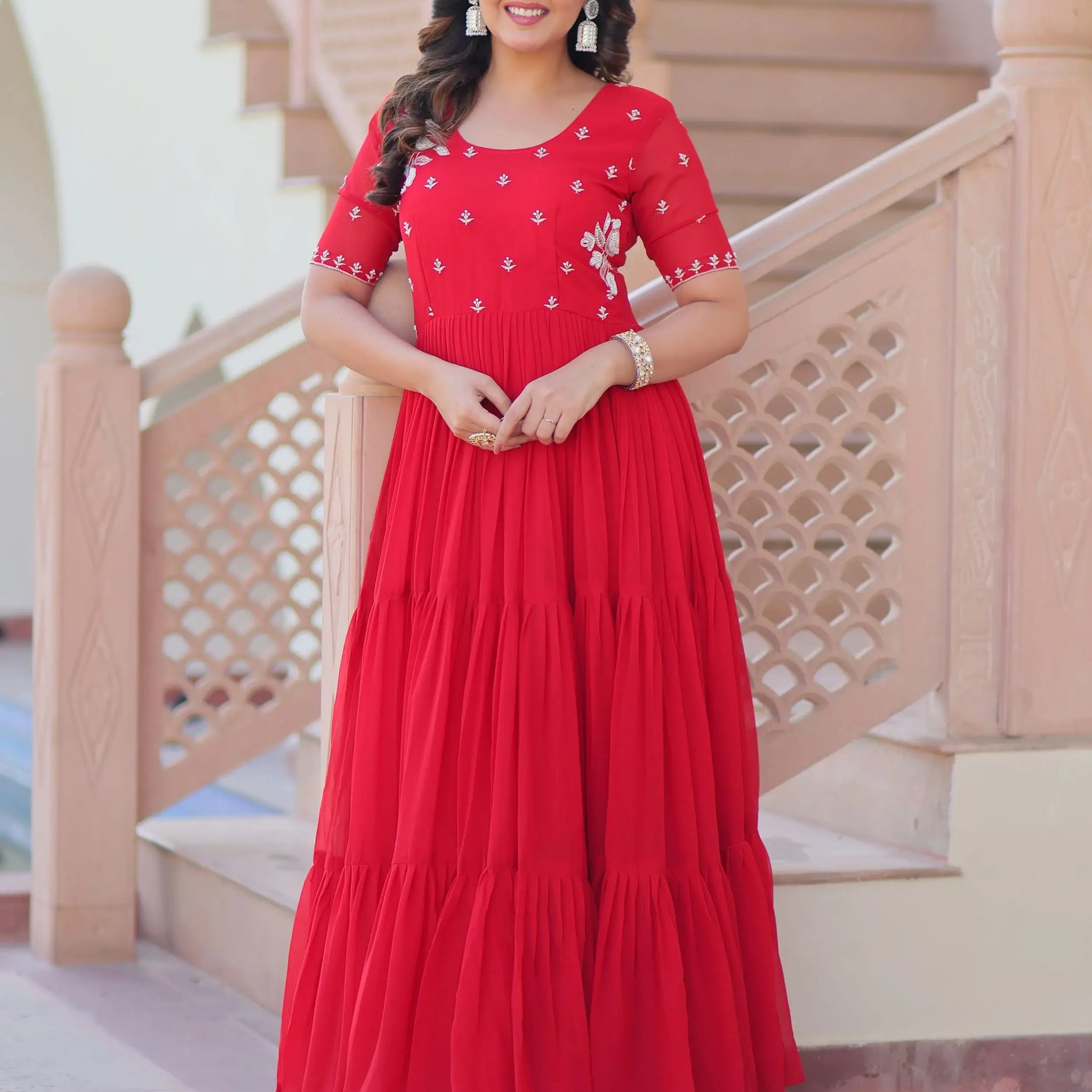Spectacular Red Bead Embroidery Georgette Festive Wear Gown - Zeel Clothing