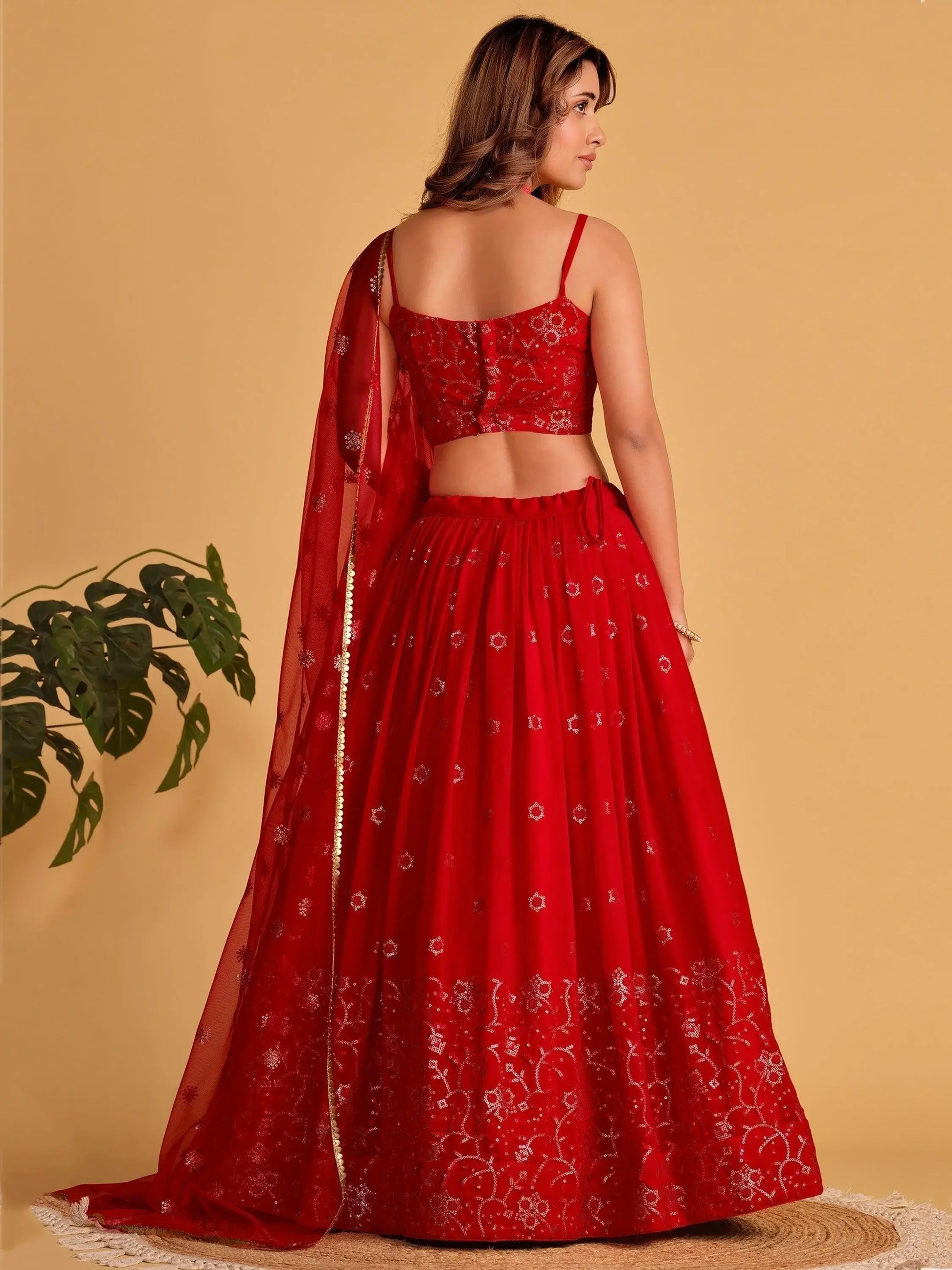 Spectacular Red Sequins Georgette Reception Wear Lehenga Choli - Zeel Clothing