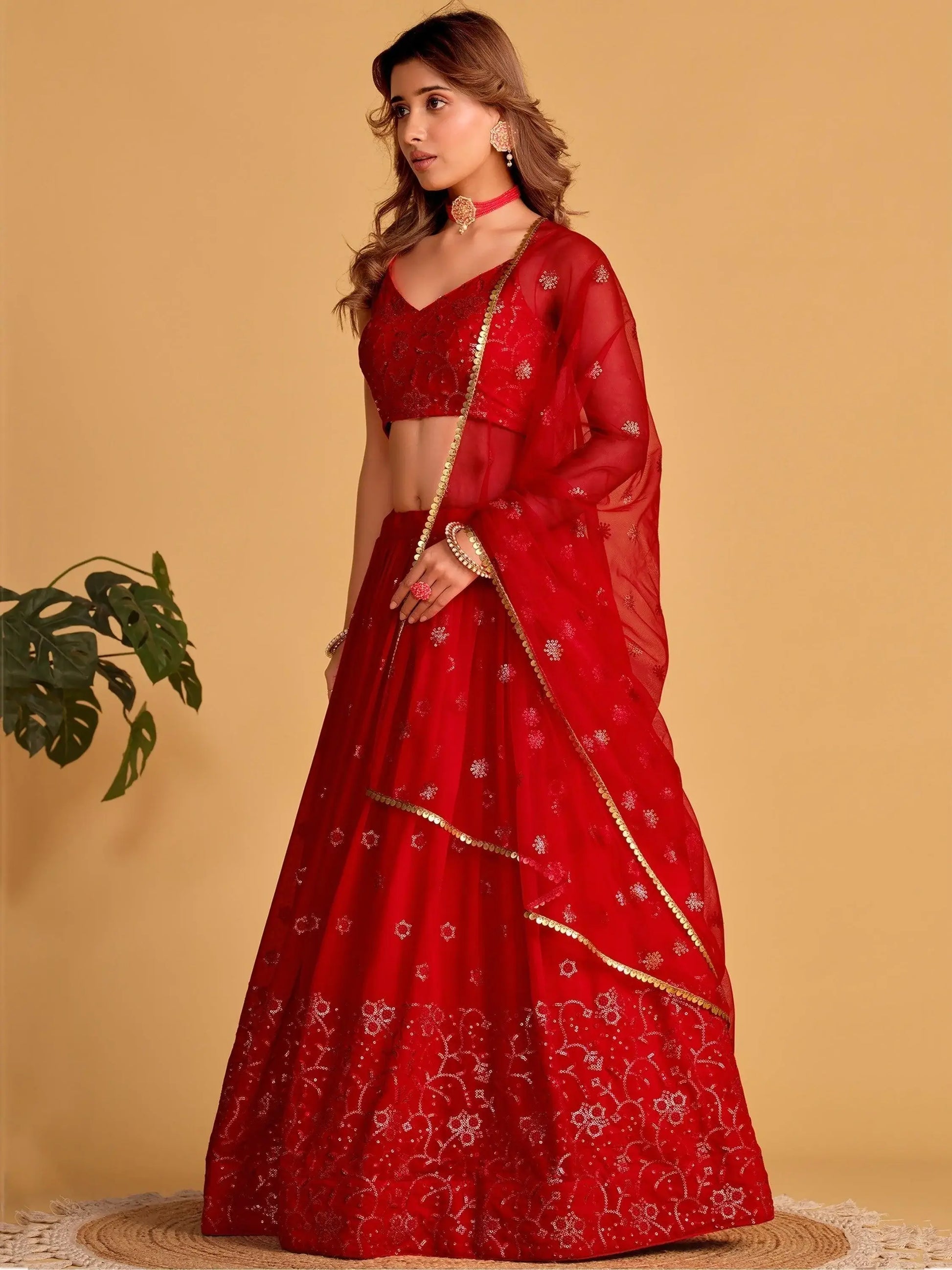 Spectacular Red Sequins Georgette Reception Wear Lehenga Choli - Zeel Clothing