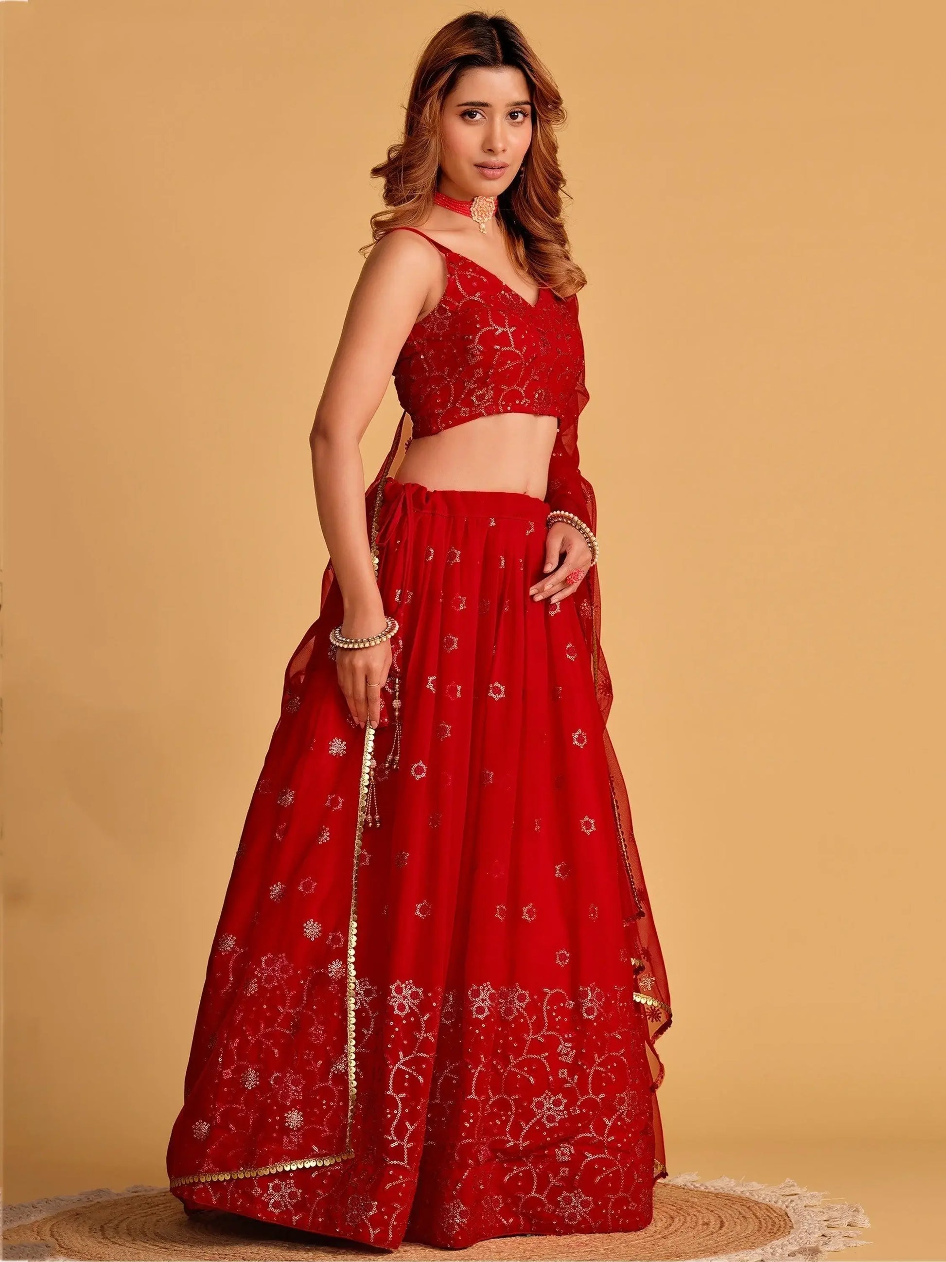 Spectacular Red Sequins Georgette Reception Wear Lehenga Choli - Zeel Clothing